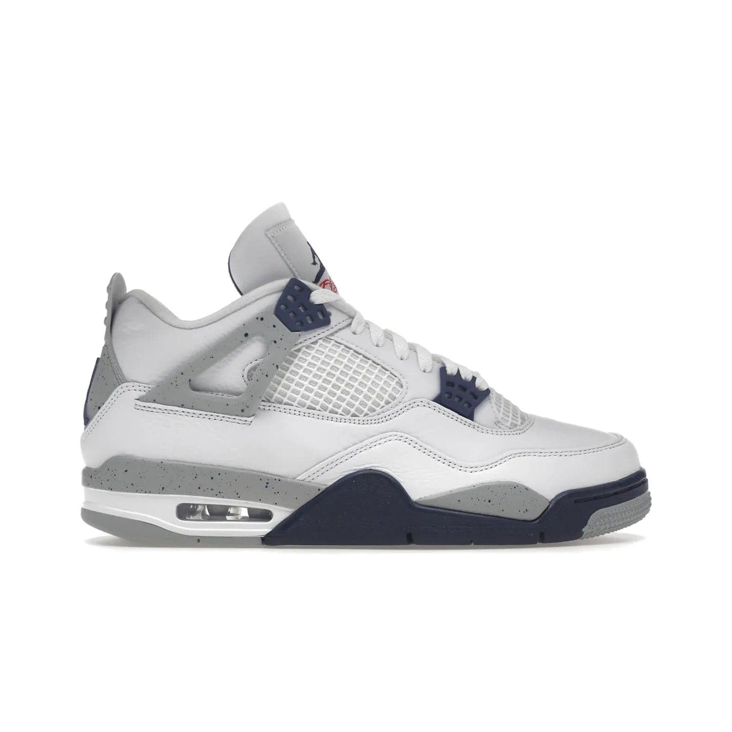Jordan 4 Retro Midnight Navy - Image 1 - Only at www.BallersClubKickz.com - Shop the Air Jordan Retro 4 White Midnight Navy. Stand out with a classic white leather upper, black support wings, midnight navy eyelets, and Crimson Jumpman tongue tag. Unbeatable comfort with two-tone polyurethane midsole with encapsulated Air technology. Get yours before October 29th, 2022.