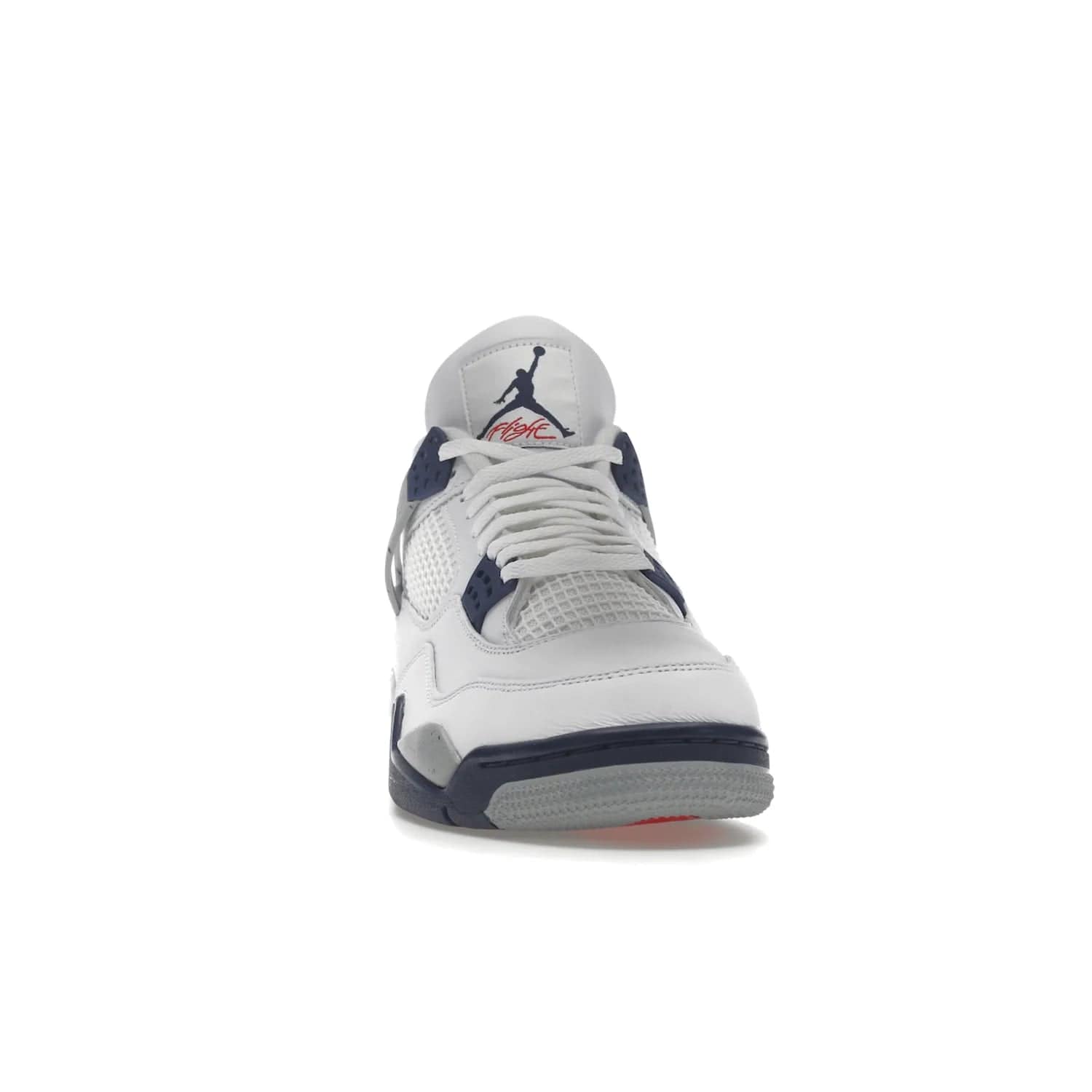 Jordan 4 Retro Midnight Navy - Image 9 - Only at www.BallersClubKickz.com - Shop the Air Jordan Retro 4 White Midnight Navy. Stand out with a classic white leather upper, black support wings, midnight navy eyelets, and Crimson Jumpman tongue tag. Unbeatable comfort with two-tone polyurethane midsole with encapsulated Air technology. Get yours before October 29th, 2022.