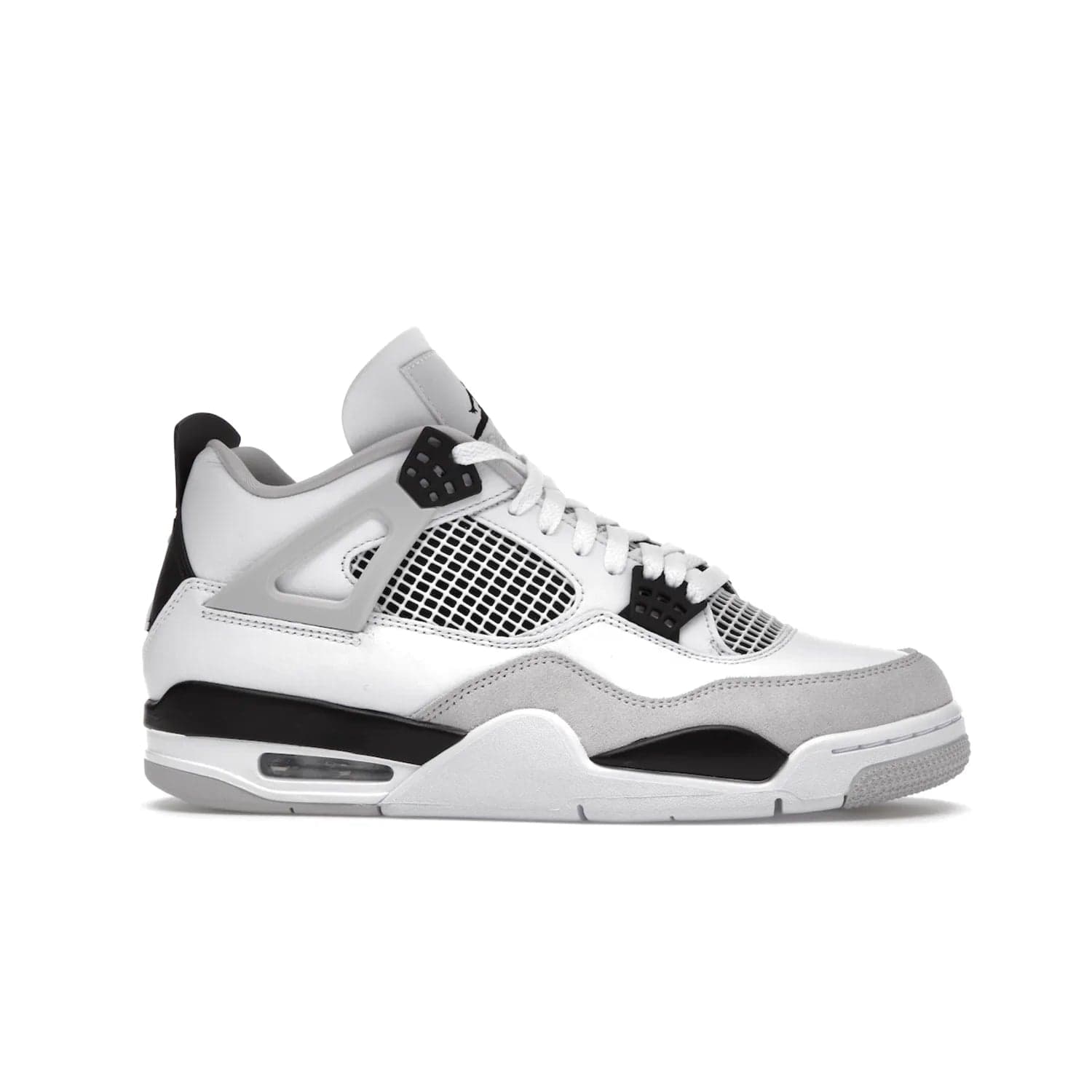 Jordan 4 Retro Military Black - Image 2 - Only at www.BallersClubKickz.com - Updated Air Jordan 4 style with a white/black/light grey sole and visible Air unit. Released in May 2022, offering timeless classic style and comfort.