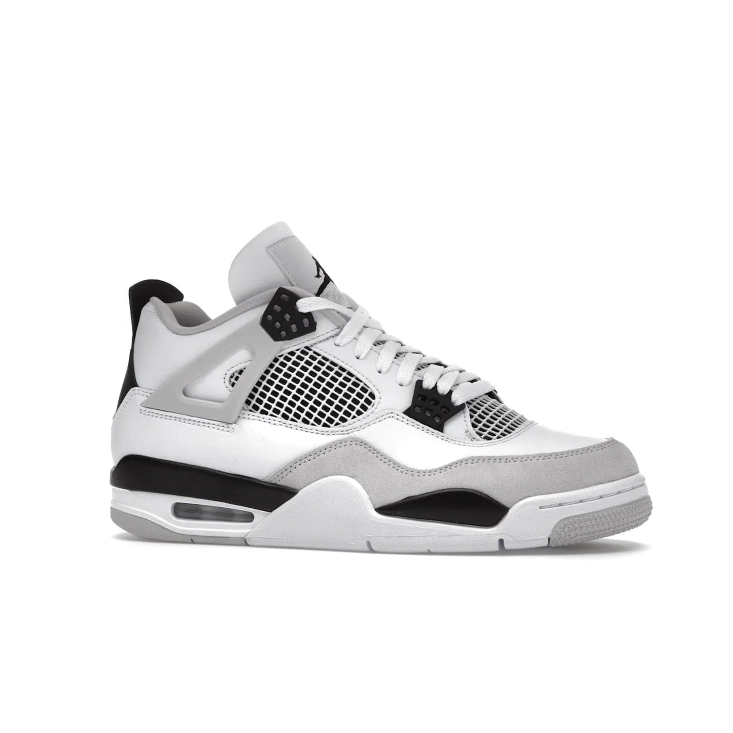 Jordan 4 Retro Military Black - Image 3 - Only at www.BallersClubKickz.com - Updated Air Jordan 4 style with a white/black/light grey sole and visible Air unit. Released in May 2022, offering timeless classic style and comfort.