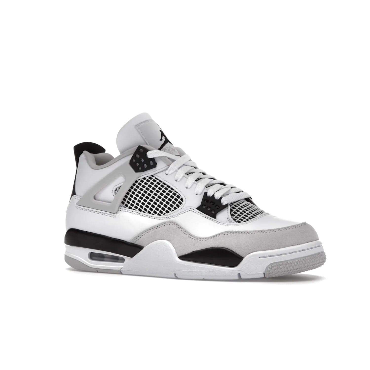 Jordan 4 Retro Military Black - Image 4 - Only at www.BallersClubKickz.com - Updated Air Jordan 4 style with a white/black/light grey sole and visible Air unit. Released in May 2022, offering timeless classic style and comfort.