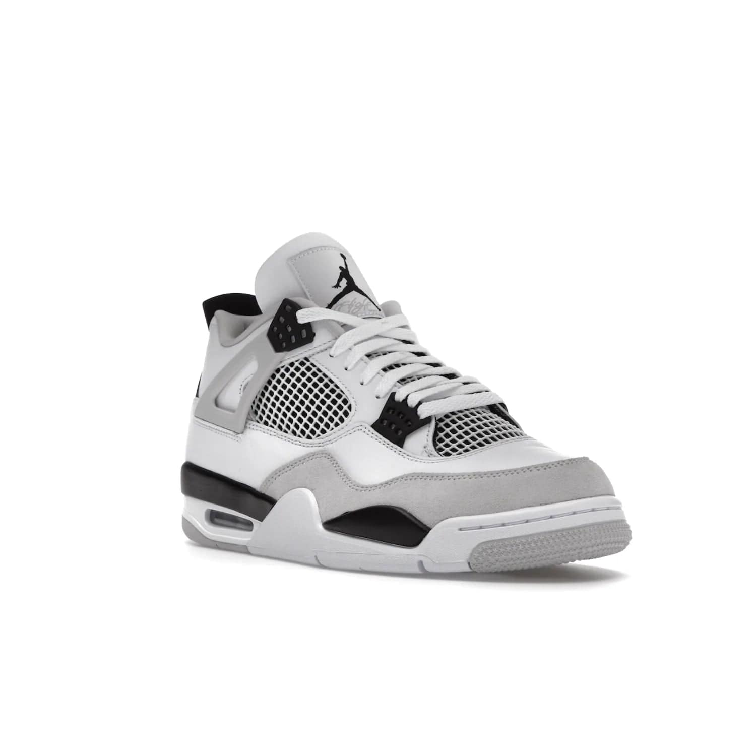 Jordan 4 Retro Military Black - Image 6 - Only at www.BallersClubKickz.com - Updated Air Jordan 4 style with a white/black/light grey sole and visible Air unit. Released in May 2022, offering timeless classic style and comfort.