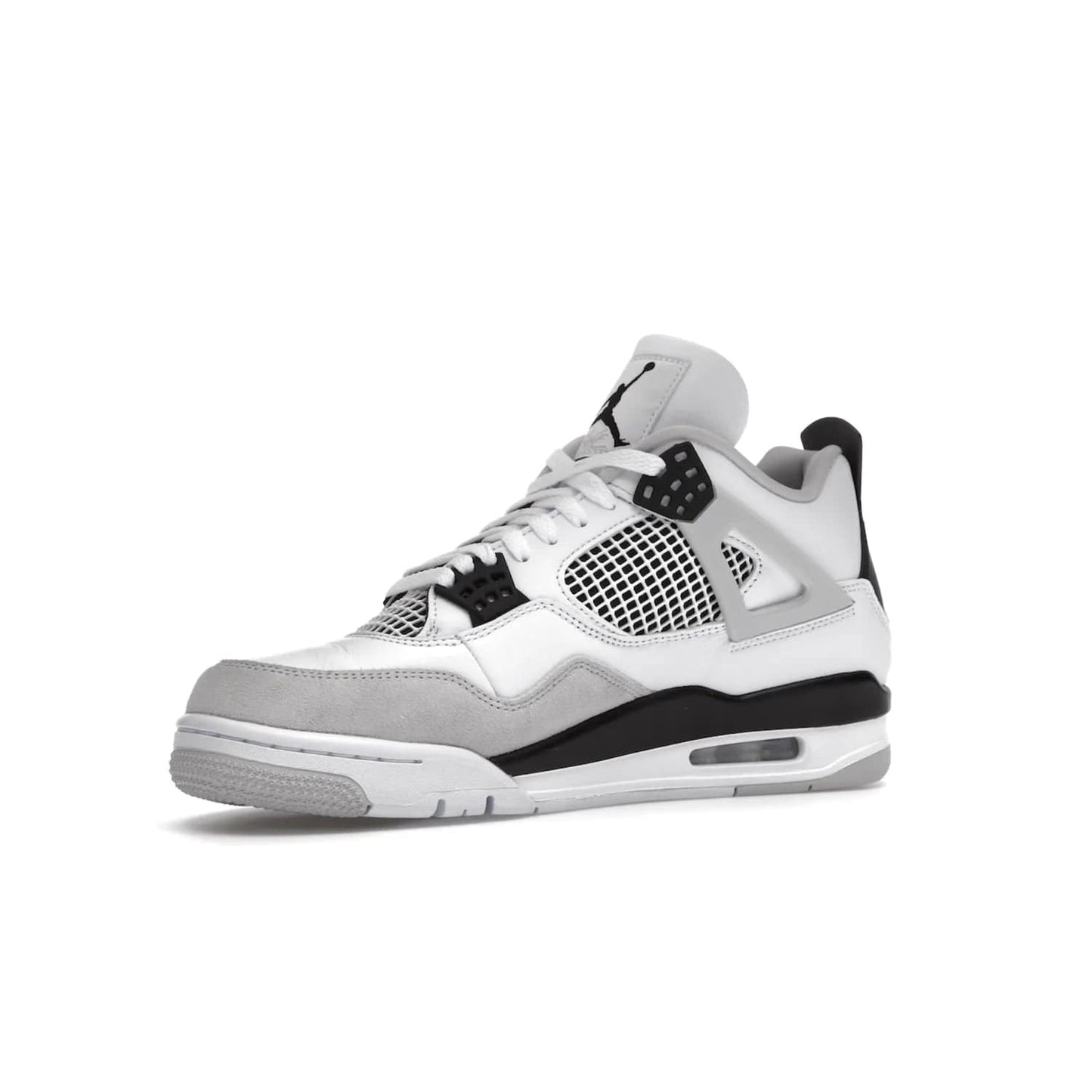 Jordan 4 Retro Military Black - Image 16 - Only at www.BallersClubKickz.com - Updated Air Jordan 4 style with a white/black/light grey sole and visible Air unit. Released in May 2022, offering timeless classic style and comfort.