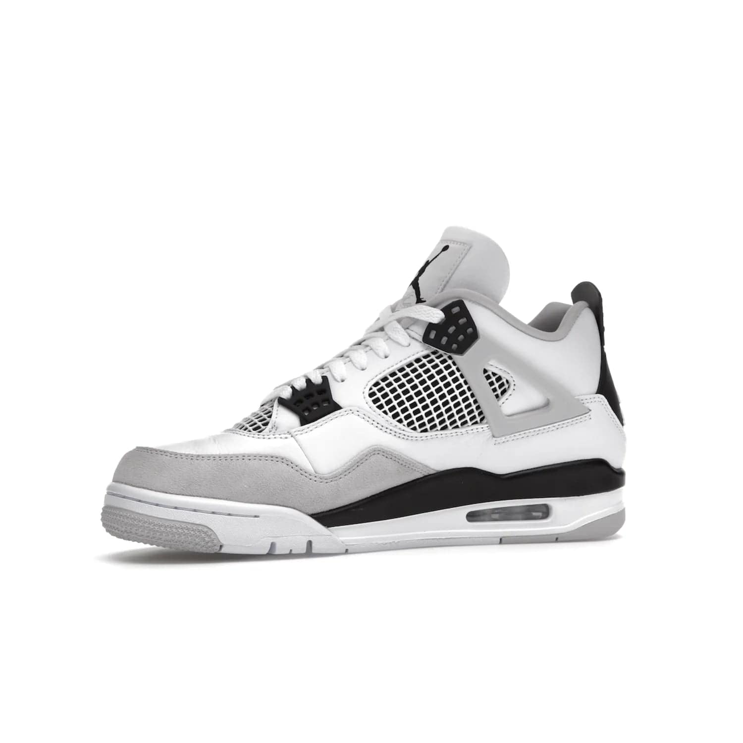 Jordan 4 Retro Military Black - Image 17 - Only at www.BallersClubKickz.com - Updated Air Jordan 4 style with a white/black/light grey sole and visible Air unit. Released in May 2022, offering timeless classic style and comfort.