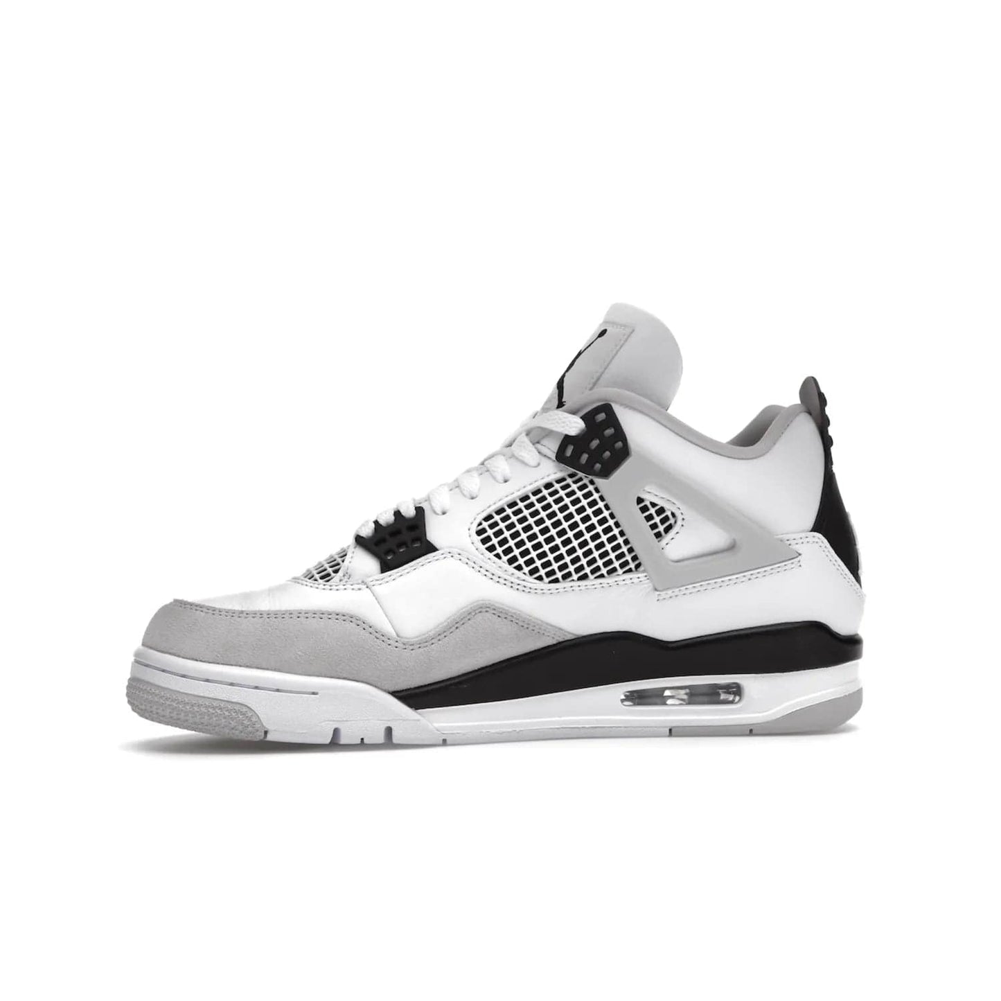 Jordan 4 Retro Military Black - Image 18 - Only at www.BallersClubKickz.com - Updated Air Jordan 4 style with a white/black/light grey sole and visible Air unit. Released in May 2022, offering timeless classic style and comfort.