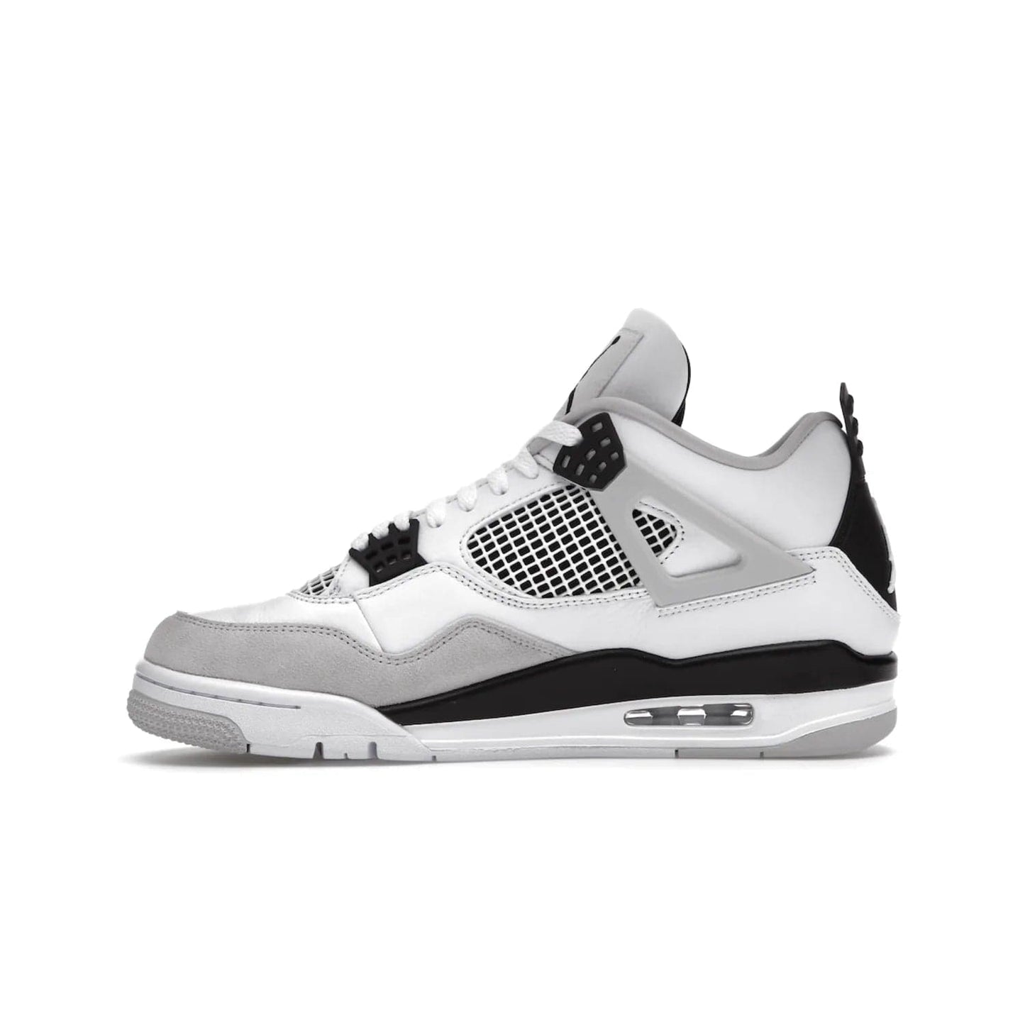 Jordan 4 Retro Military Black - Image 19 - Only at www.BallersClubKickz.com - Updated Air Jordan 4 style with a white/black/light grey sole and visible Air unit. Released in May 2022, offering timeless classic style and comfort.
