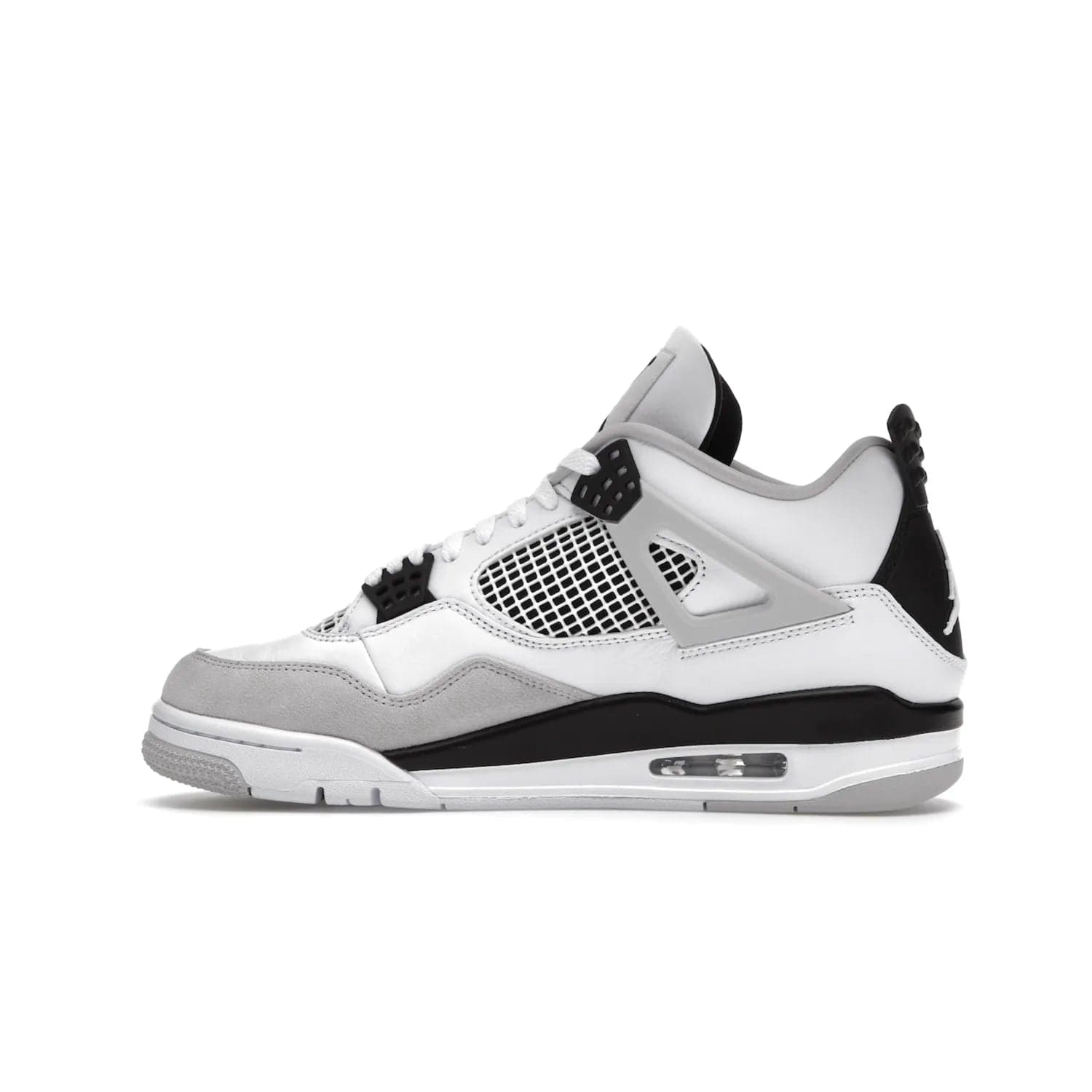 Jordan 4 Retro Military Black - Image 20 - Only at www.BallersClubKickz.com - Updated Air Jordan 4 style with a white/black/light grey sole and visible Air unit. Released in May 2022, offering timeless classic style and comfort.