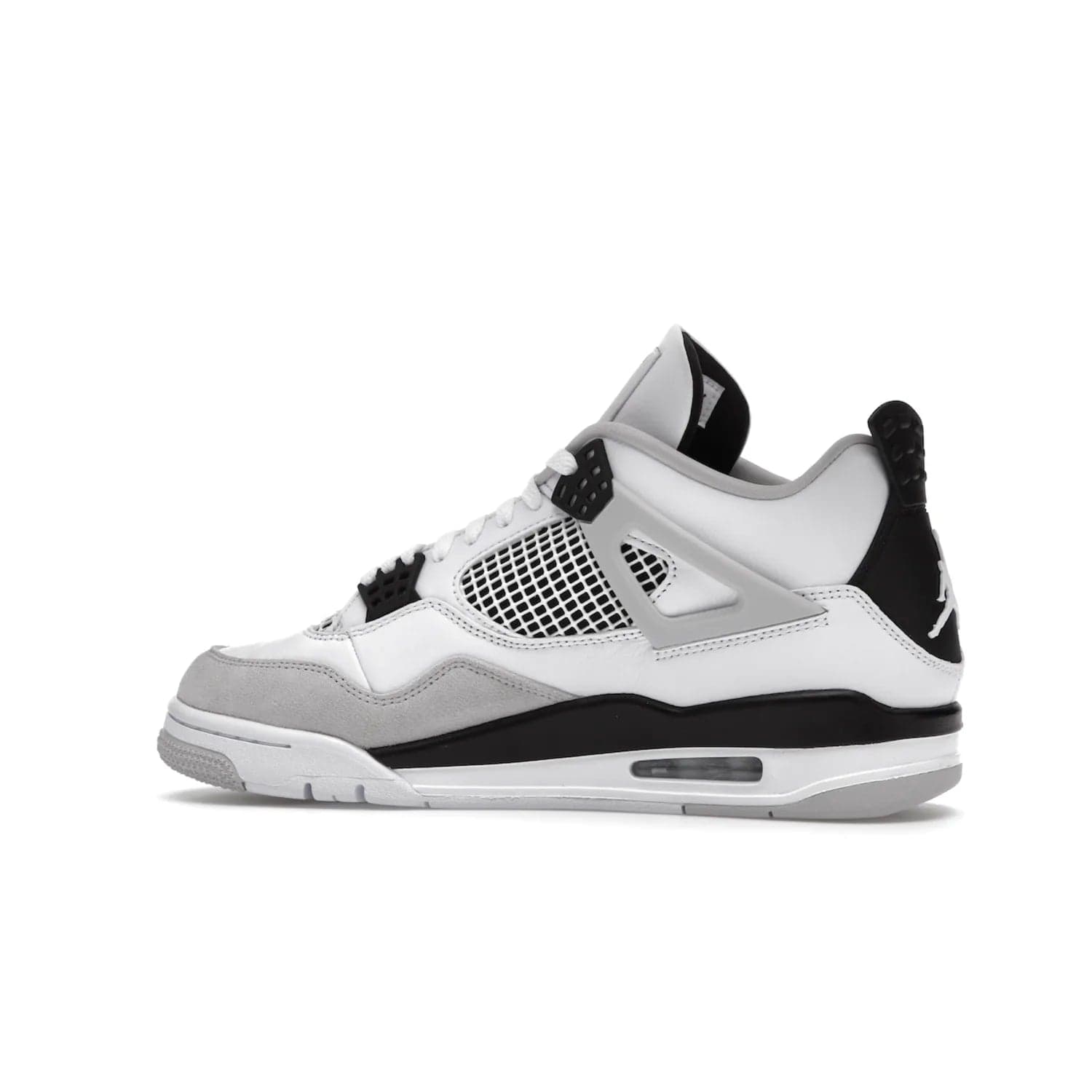Jordan 4 Retro Military Black - Image 21 - Only at www.BallersClubKickz.com - Updated Air Jordan 4 style with a white/black/light grey sole and visible Air unit. Released in May 2022, offering timeless classic style and comfort.
