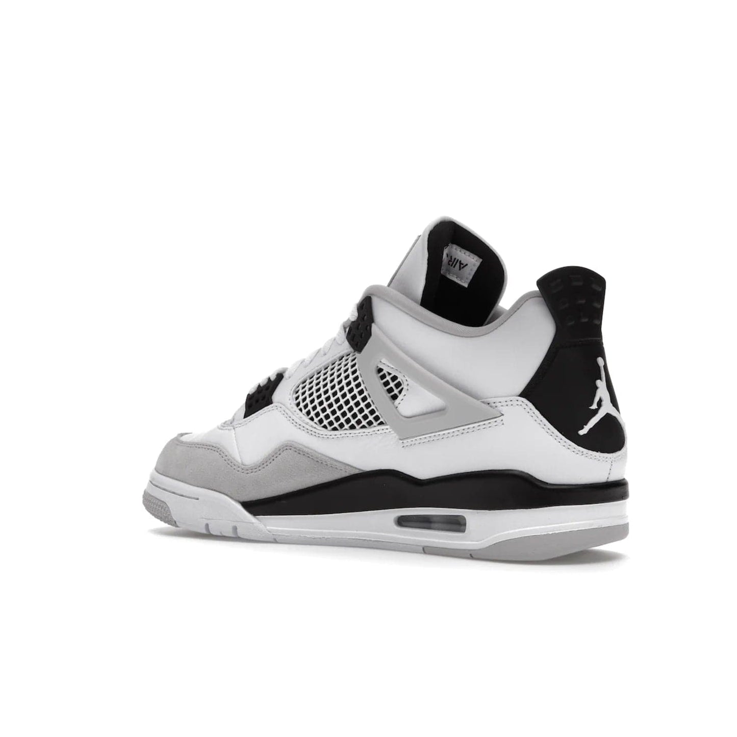 Jordan 4 Retro Military Black - Image 23 - Only at www.BallersClubKickz.com - Updated Air Jordan 4 style with a white/black/light grey sole and visible Air unit. Released in May 2022, offering timeless classic style and comfort.