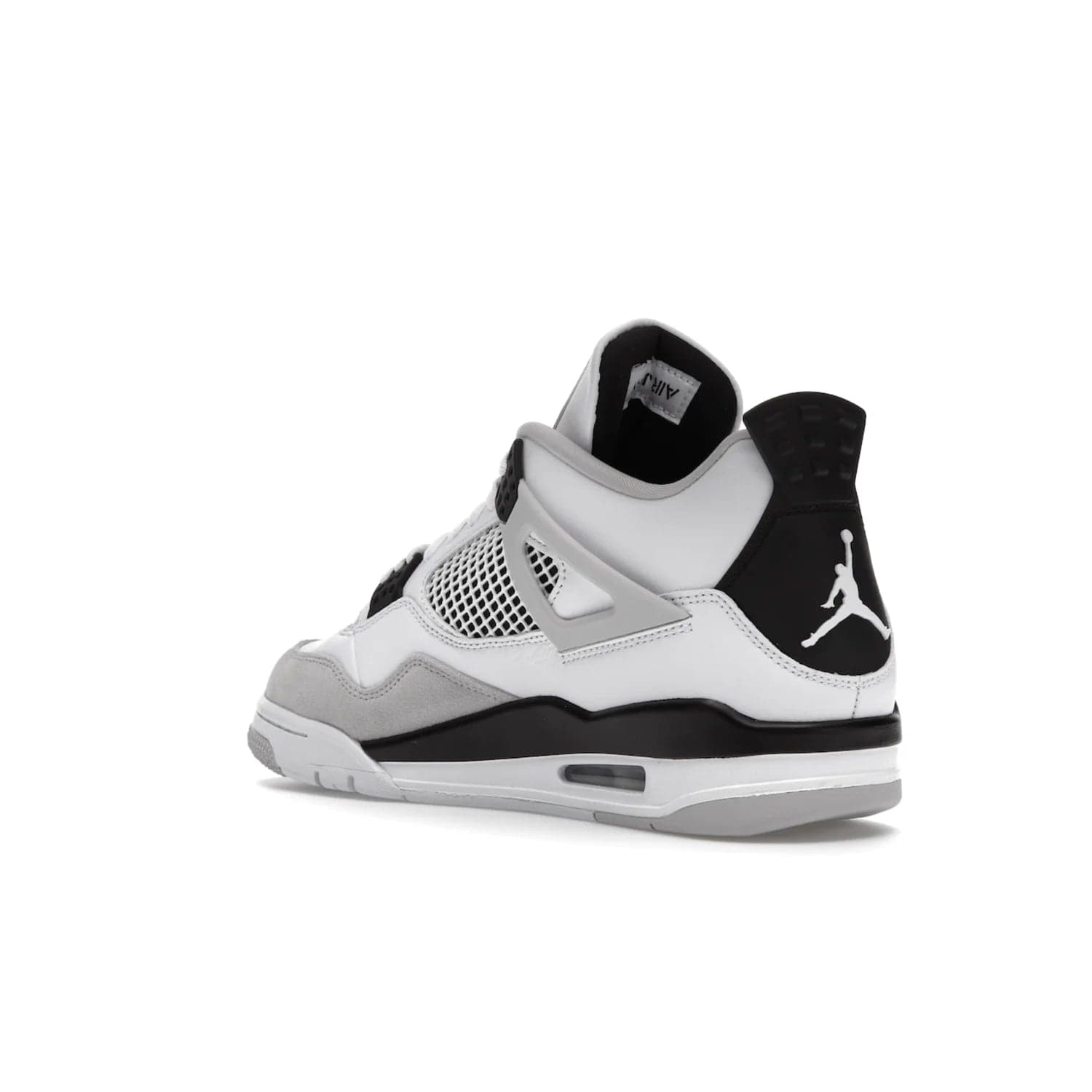 Jordan 4 Retro Military Black - Image 24 - Only at www.BallersClubKickz.com - Updated Air Jordan 4 style with a white/black/light grey sole and visible Air unit. Released in May 2022, offering timeless classic style and comfort.