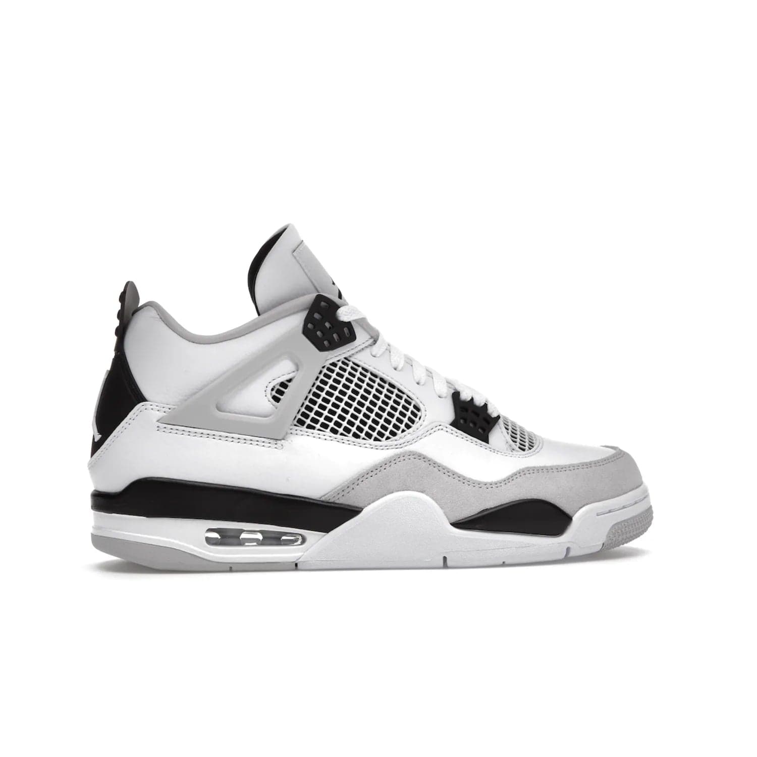 Jordan 4 Retro Military Black - Image 36 - Only at www.BallersClubKickz.com - Updated Air Jordan 4 style with a white/black/light grey sole and visible Air unit. Released in May 2022, offering timeless classic style and comfort.