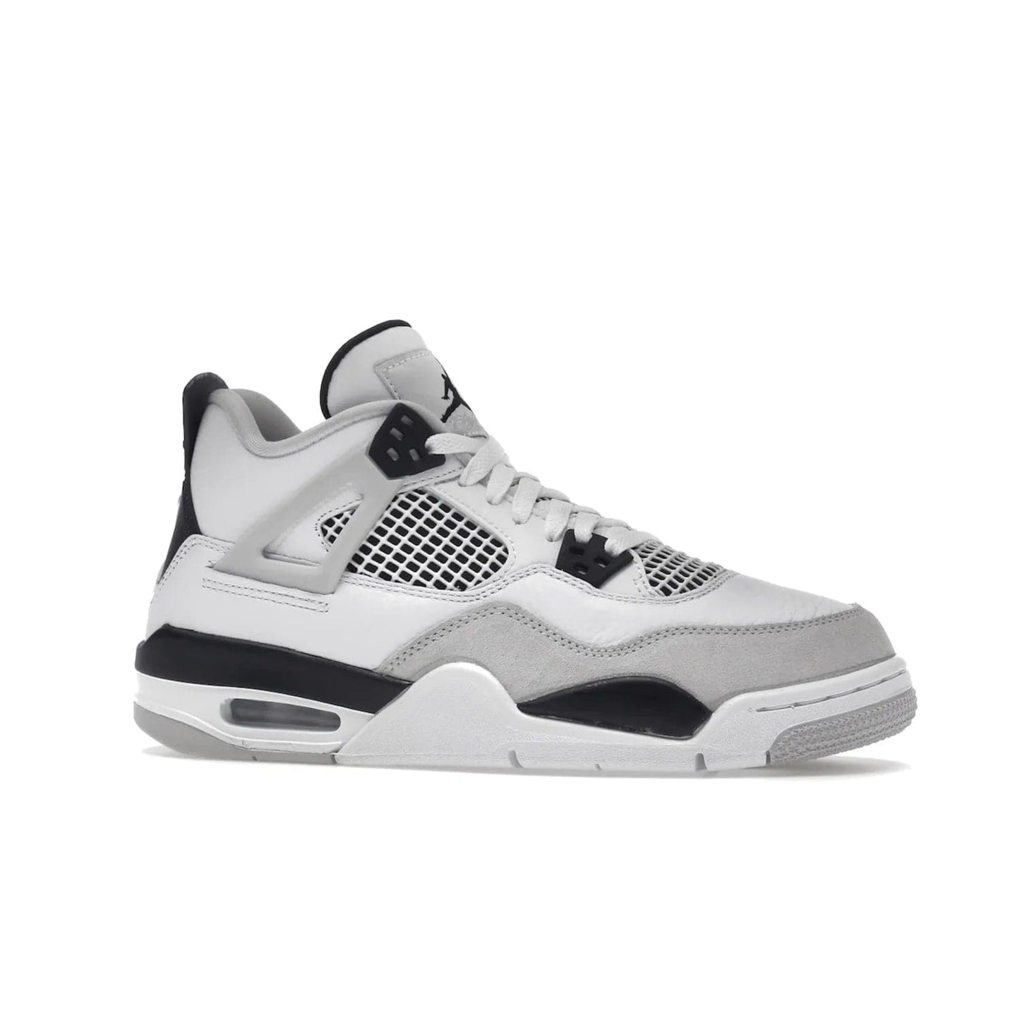 Jordan 4 Retro Military Black (GS) - Image 3 - Only at www.BallersClubKickz.com - A must-have for grade schoolers, the Air Jordan 4 Retro Military Black (GS) offers classic style with plenty of breathable support. Featuring a white sole and base with suede and leather overlays in subtle black and grey tones, the shoes are perfect for active pursuits and everyday comfort. Get an instant classic today!