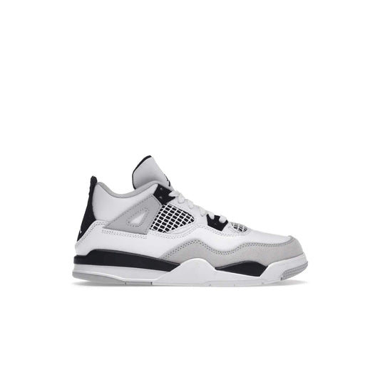 Jordan 4 Retro Military Black (PS) - Image 1 - Only at www.BallersClubKickz.com - Iconic Air Jordan 4 Retro Military Black PS with classic White, Black and Neutral Grey color palette. Mesh panels, adjustable lacing and rubber outsole. Releasing on 21st May 2022 - must-have for any sneaker collection.