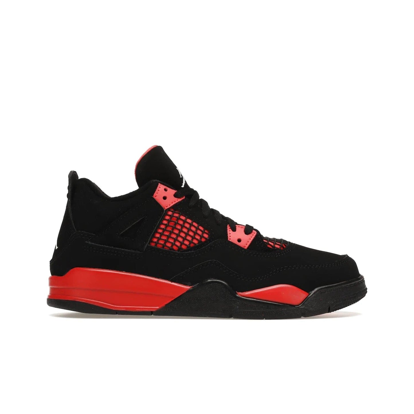 Jordan 4 Retro Red Thunder (PS) - Image 1 - Only at www.BallersClubKickz.com - The Air Jordan 4 Retro Red Thunder (PS) in a fresh new colorway for January 2022. Featuring a black nubuck upper and crimson accents. Get it now for $80.