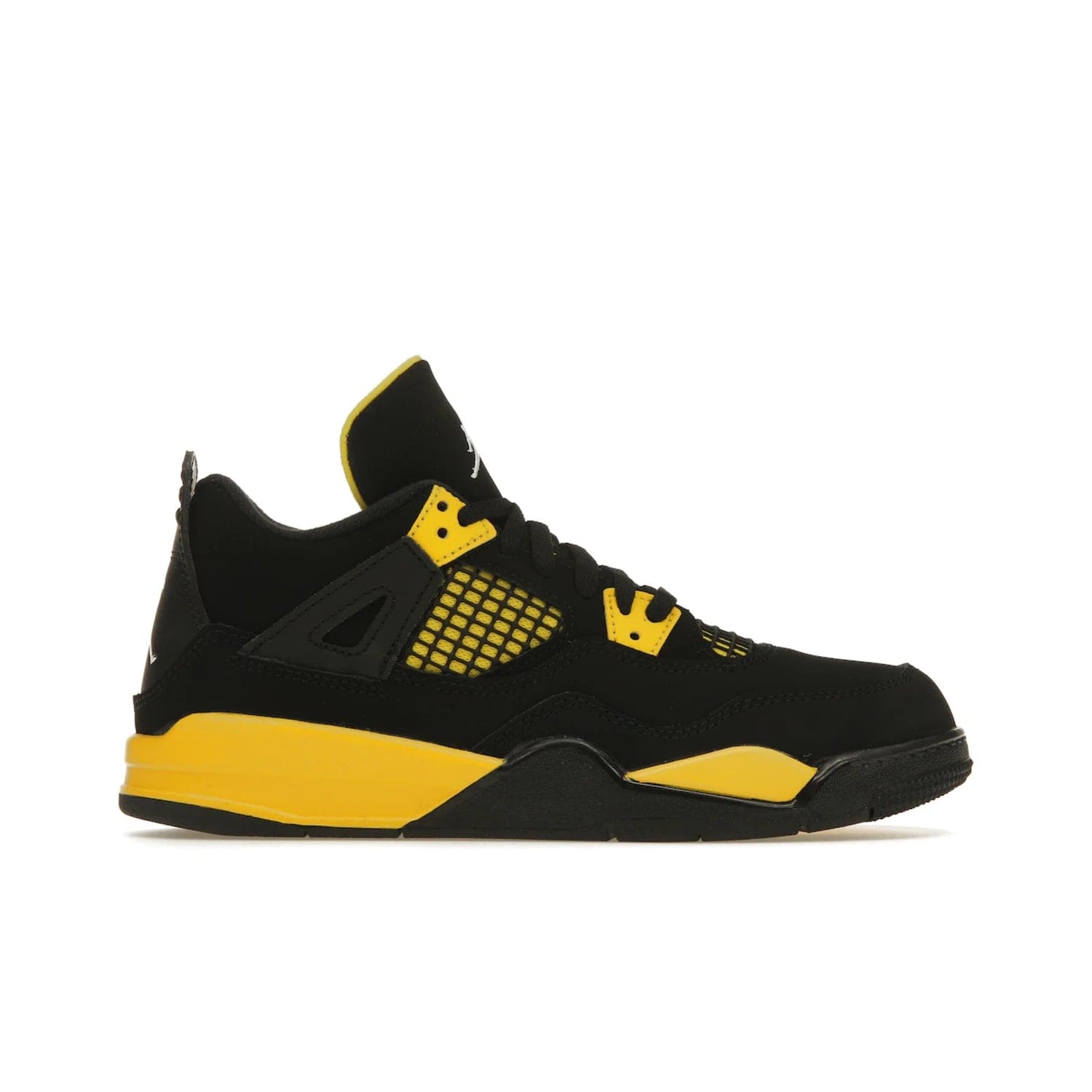 Jordan 4 Retro Thunder (2023) (PS) - Image 1 - Only at www.BallersClubKickz.com - Classic Jordan 4 Retro Thunder sneaker in Black and Tour Yellow colorway. Limited edition release expected to hit the shelves in 2023 on May 13th. Grab your pair!