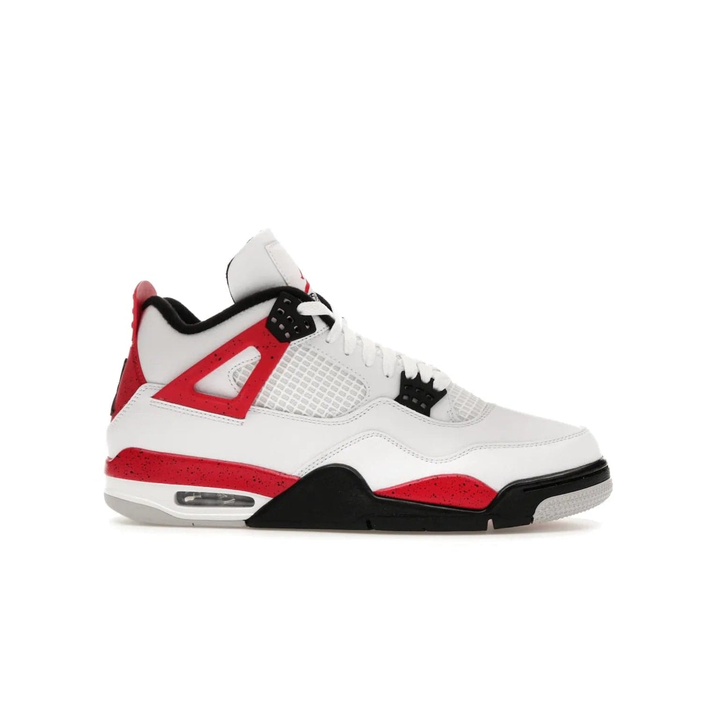 Jordan 4 Retro Red Cement - Image 2 - Only at www.BallersClubKickz.com - Iconic Jordan silhouette with a unique twist. White premium leather uppers with fire red and black detailing. Black, white, and fire red midsole with mesh detailing and Jumpman logo. Jordan 4 Retro Red Cement released with premium price.