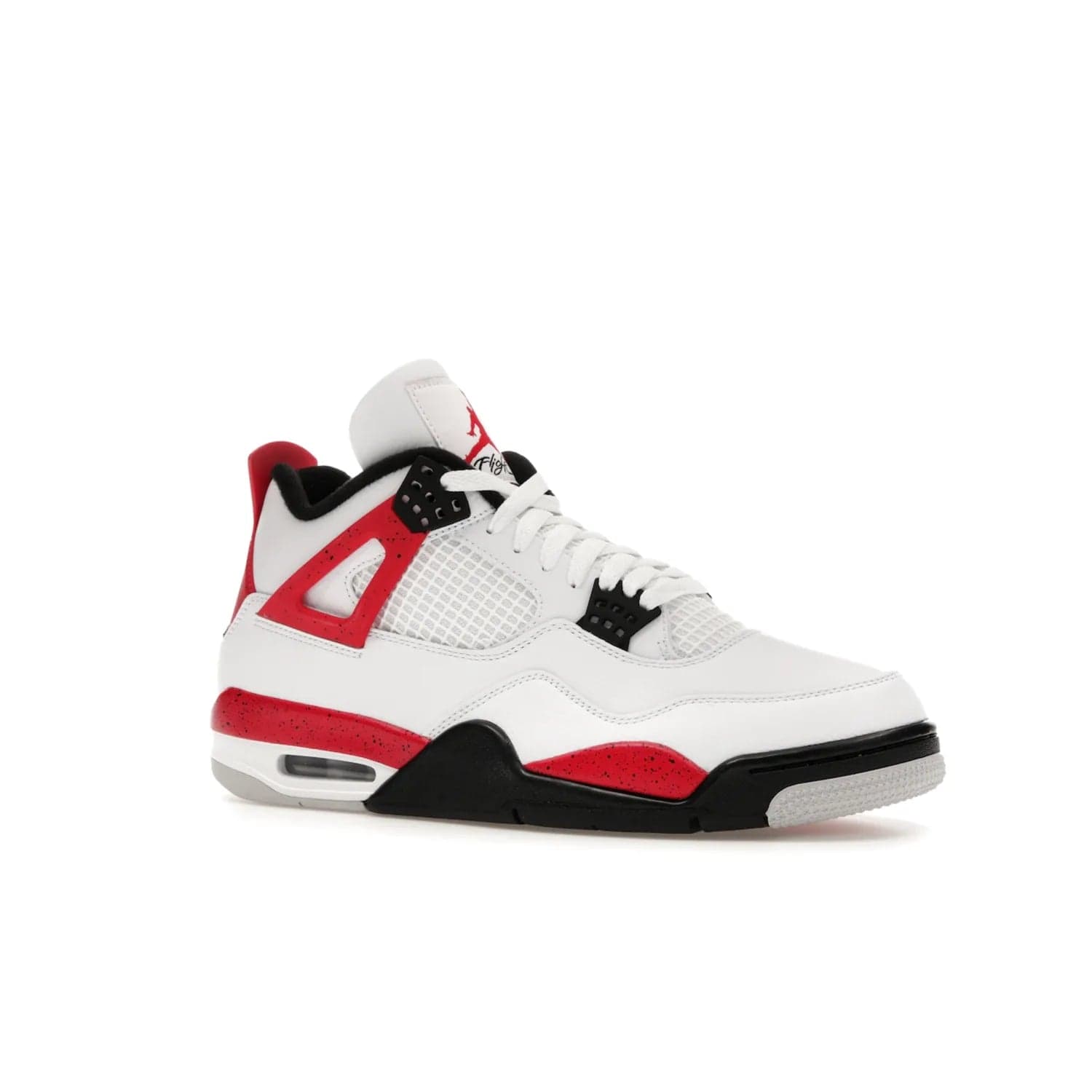 Jordan 4 Retro Red Cement - Image 4 - Only at www.BallersClubKickz.com - Iconic Jordan silhouette with a unique twist. White premium leather uppers with fire red and black detailing. Black, white, and fire red midsole with mesh detailing and Jumpman logo. Jordan 4 Retro Red Cement released with premium price.