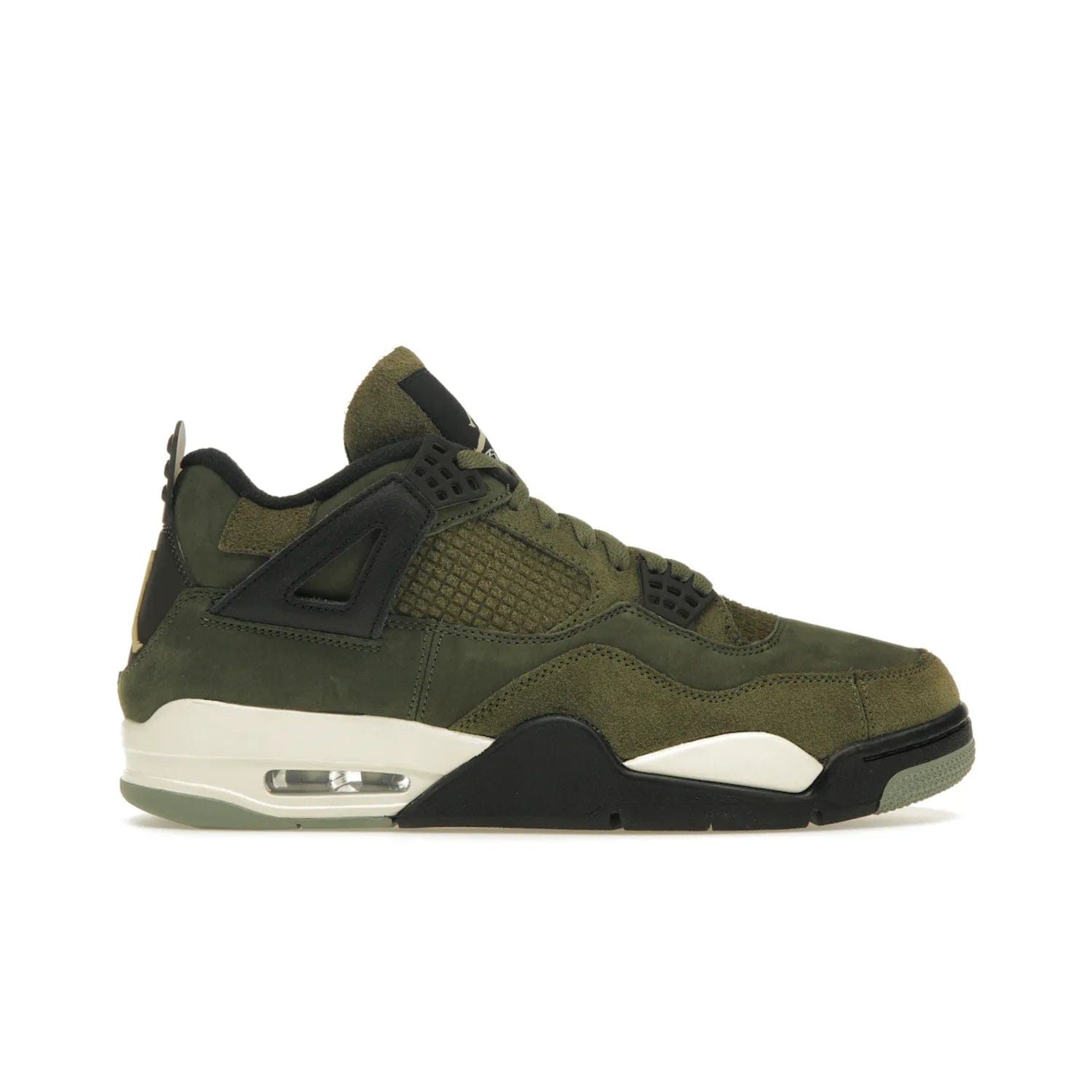 Jordan 4 Retro SE Craft Medium Olive - Image 1 - Only at www.BallersClubKickz.com - Grab the Jordan 4 Retro SE Crafts for a unique style. Combines Medium Olive, Pale Vanilla, Khaki, Black and Sail, with same classic shape, cushioning, and rubber outsole. Available on November 18th!