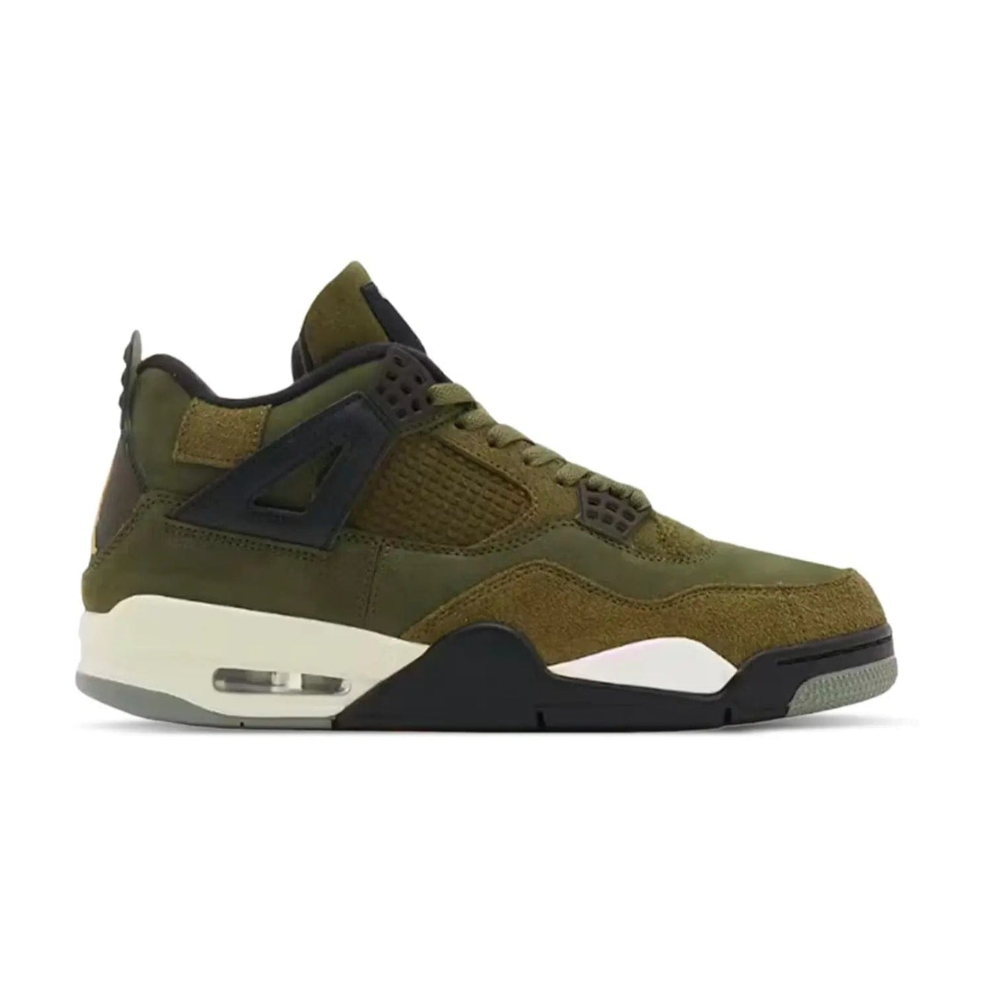 Jordan 4 Retro SE Craft Medium Olive (GS) - Image 1 - Only at www.BallersClubKickz.com - A stylish and timeless Jordan 4 Retro SE Craft sneaker with Medium Olive, Pale Vanilla, Khaki, Black and Sail colors. Breathable upper and cushioning for all-day comfort. Get yours today!