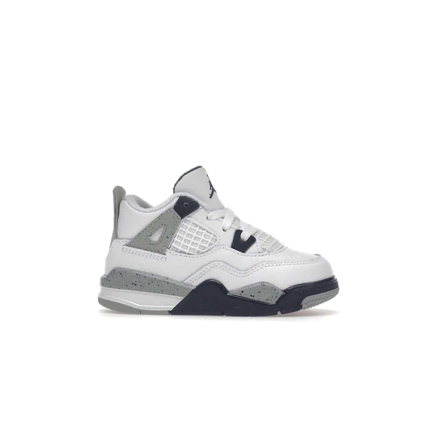 Jordan 4 Retro Midnight Navy (TD) - Image 2 - Only at www.BallersClubKickz.com - Introducing the Jordan 4 Retro Midnight Navy (TD) for kids. White leather upper with navy and grey accents plus fire red detailing. Perfect for everyday wear. Get yours before they sell out.