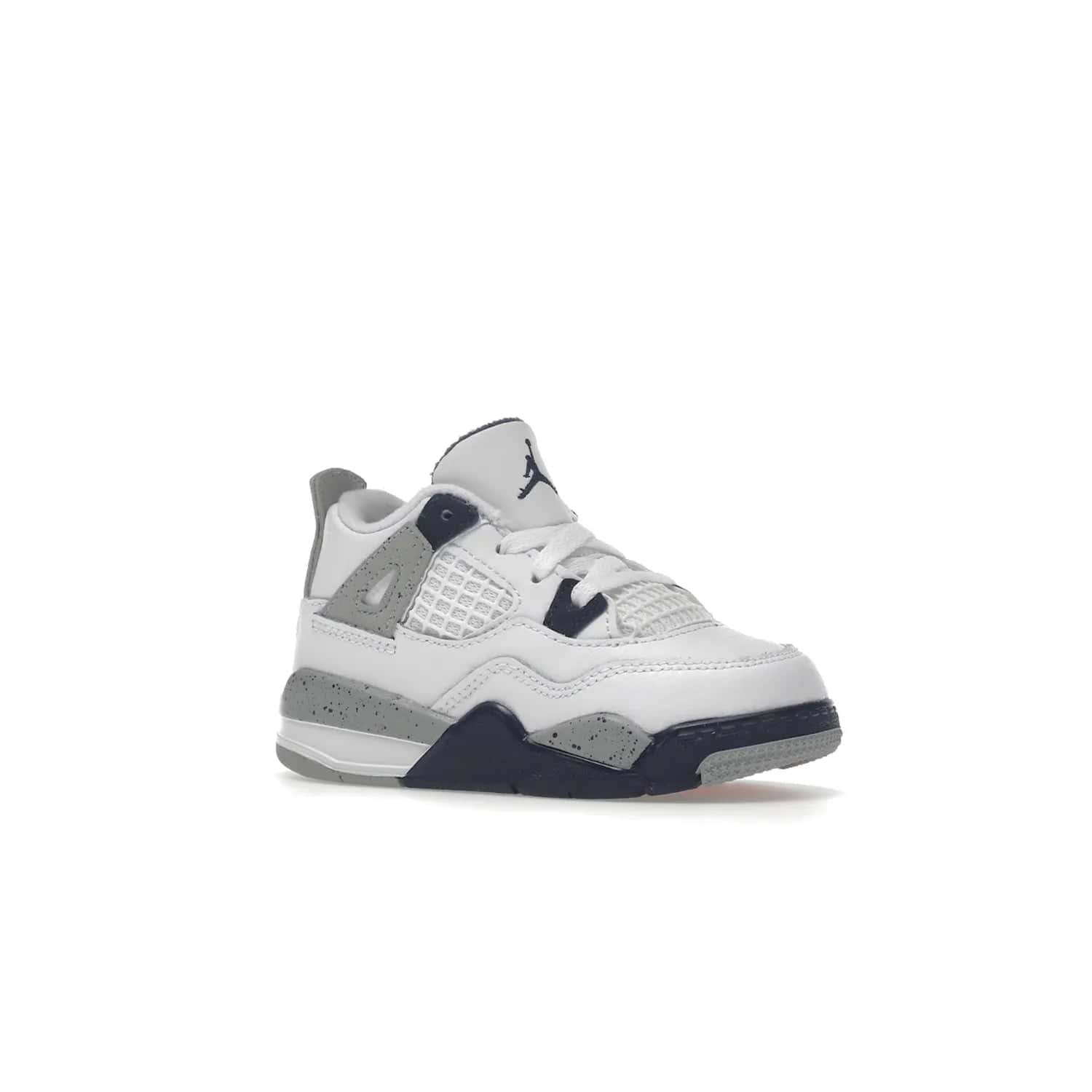 Jordan 4 Retro Midnight Navy (TD) - Image 4 - Only at www.BallersClubKickz.com - Introducing the Jordan 4 Retro Midnight Navy (TD) for kids. White leather upper with navy and grey accents plus fire red detailing. Perfect for everyday wear. Get yours before they sell out.