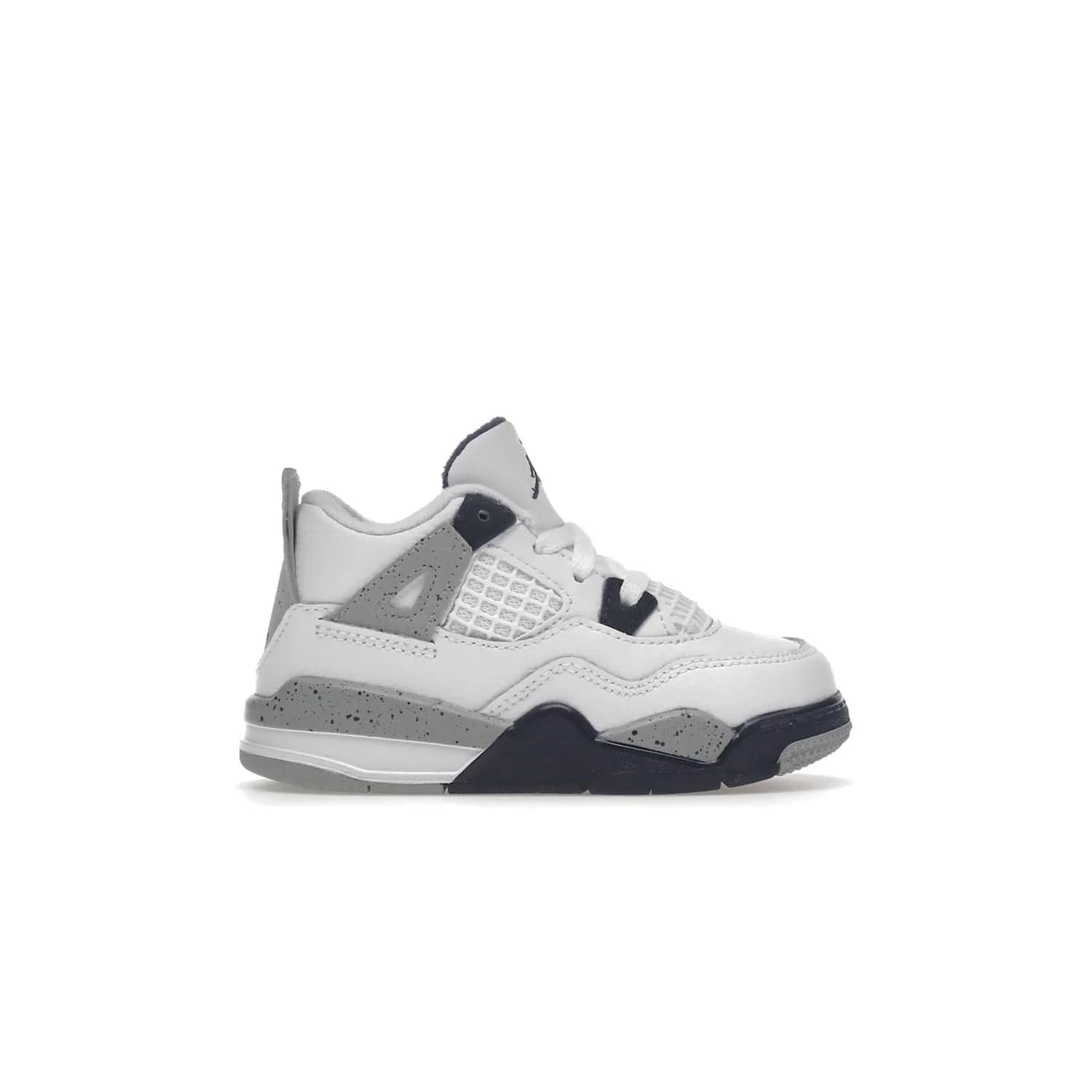 Jordan 4 Retro Midnight Navy (TD) - Image 1 - Only at www.BallersClubKickz.com - Introducing the Jordan 4 Retro Midnight Navy (TD) for kids. White leather upper with navy and grey accents plus fire red detailing. Perfect for everyday wear. Get yours before they sell out.