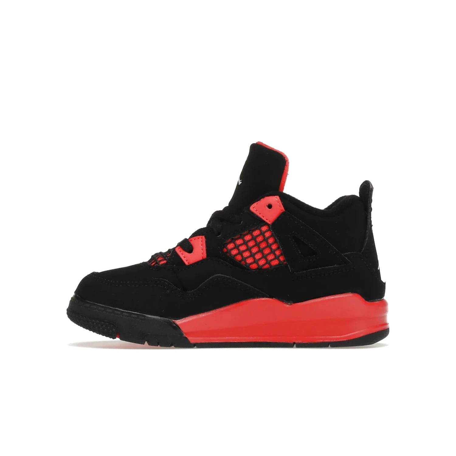 Jordan 4 Retro Red Thunder (TD) - Image 19 - Only at www.BallersClubKickz.com - This Air Jordan 4 Retro (TD) combines black nubuck with crimson detailing for a unique two-tone colorblocking. Visible Air-sole cushioning and Jumpman branding provide comfort and style. Kids-exclusive, released January 2022, at $60.