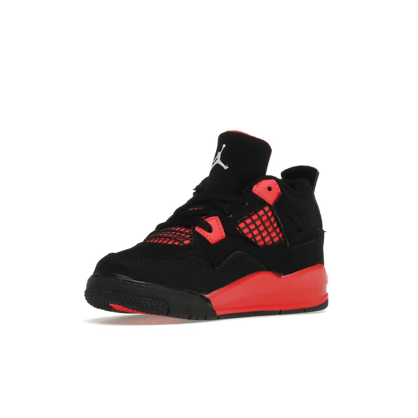 Jordan 4 Retro Red Thunder (TD) - Image 15 - Only at www.BallersClubKickz.com - This Air Jordan 4 Retro (TD) combines black nubuck with crimson detailing for a unique two-tone colorblocking. Visible Air-sole cushioning and Jumpman branding provide comfort and style. Kids-exclusive, released January 2022, at $60.