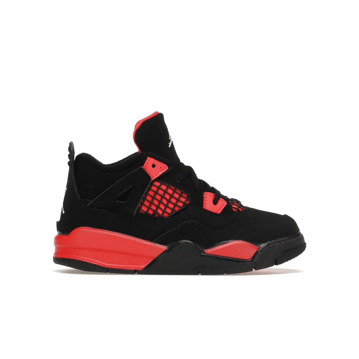 Jordan 4 Retro Red Thunder (TD) - Image 1 - Only at www.BallersClubKickz.com - This Air Jordan 4 Retro (TD) combines black nubuck with crimson detailing for a unique two-tone colorblocking. Visible Air-sole cushioning and Jumpman branding provide comfort and style. Kids-exclusive, released January 2022, at $60.