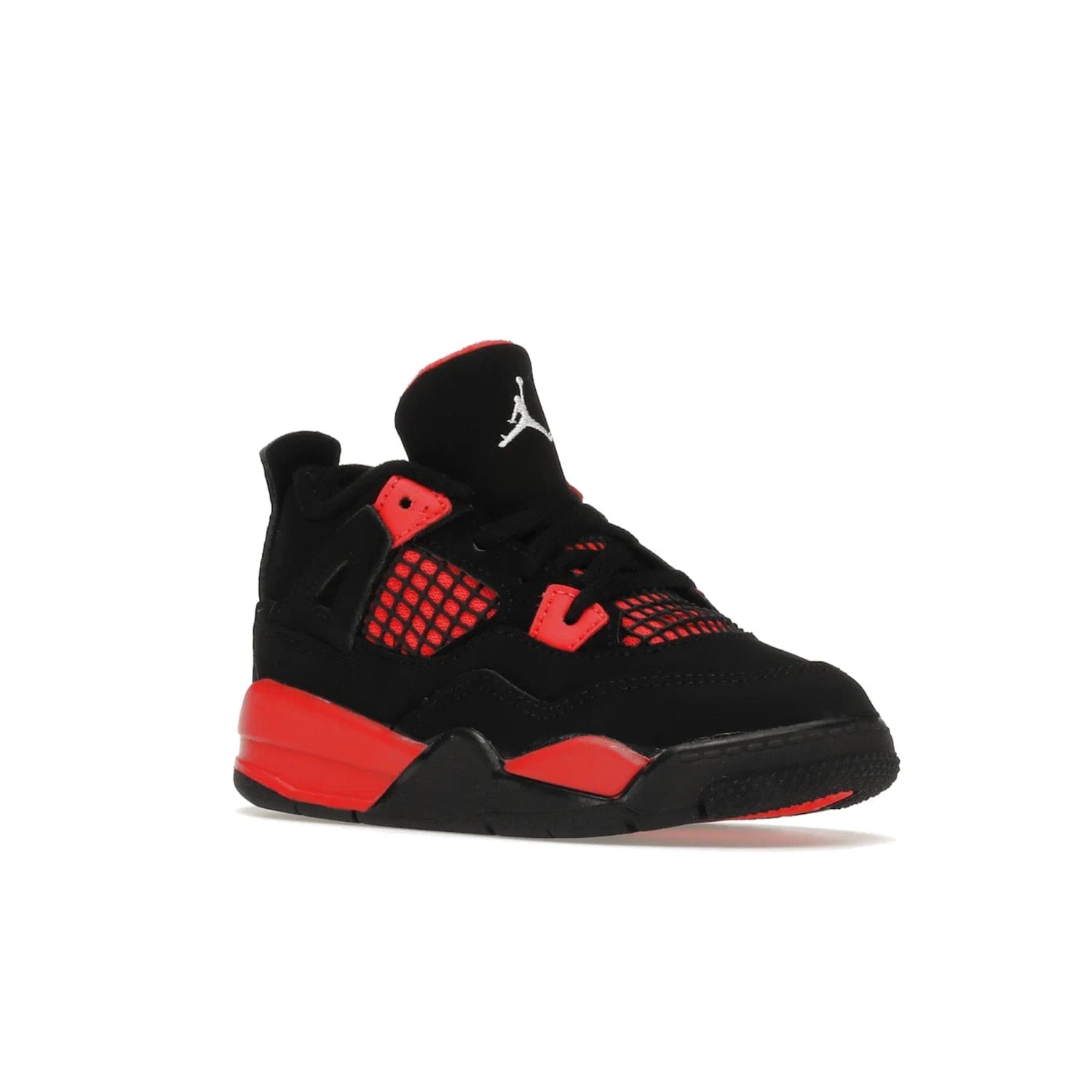 Jordan 4 Retro Red Thunder (TD) - Image 5 - Only at www.BallersClubKickz.com - This Air Jordan 4 Retro (TD) combines black nubuck with crimson detailing for a unique two-tone colorblocking. Visible Air-sole cushioning and Jumpman branding provide comfort and style. Kids-exclusive, released January 2022, at $60.