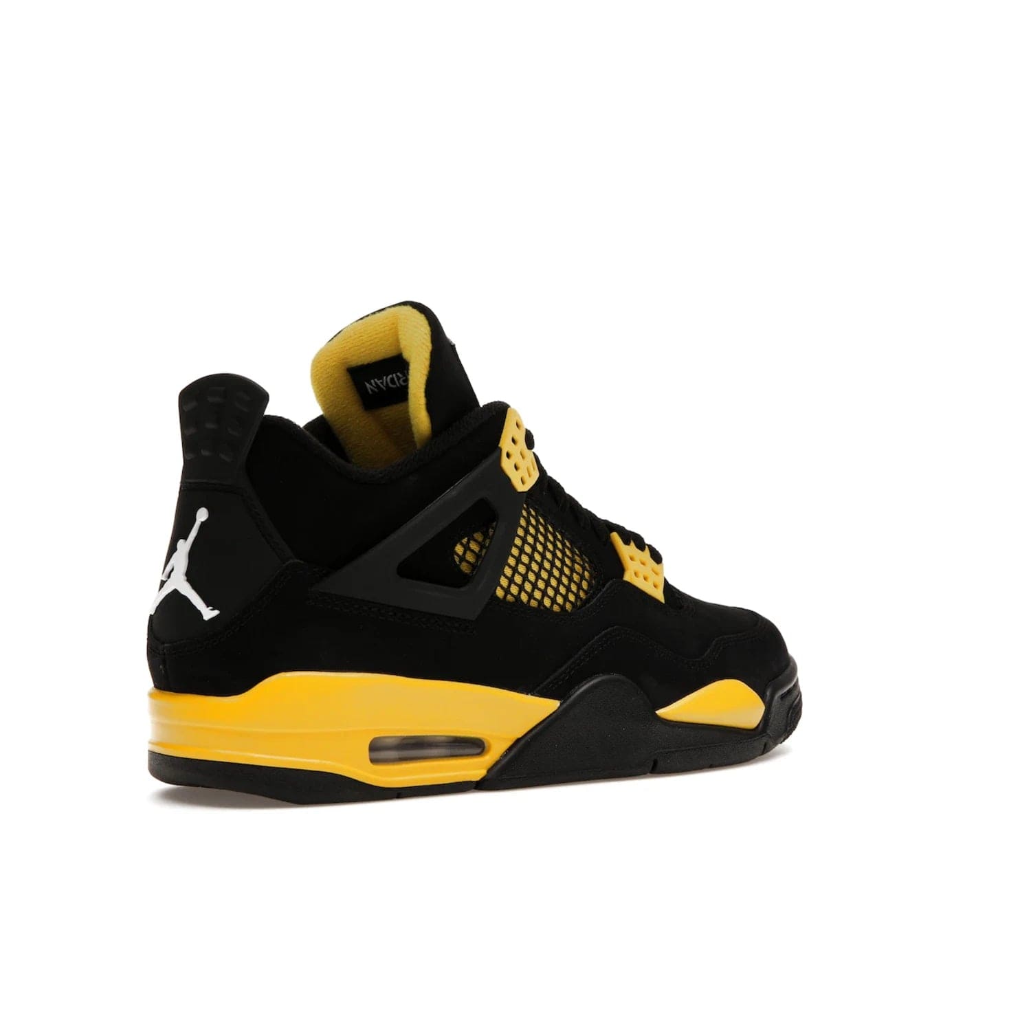 Jordan 4 Retro Thunder (2023) - Image 33 - Only at www.BallersClubKickz.com - Iconic Air Jordan 4 Retro Thunder (2023) returns with black nubuck upper and Tour Yellow details. Featuring Jumpman logo on heel tab, tongue and insoles. Dropping May 13th, 2023.