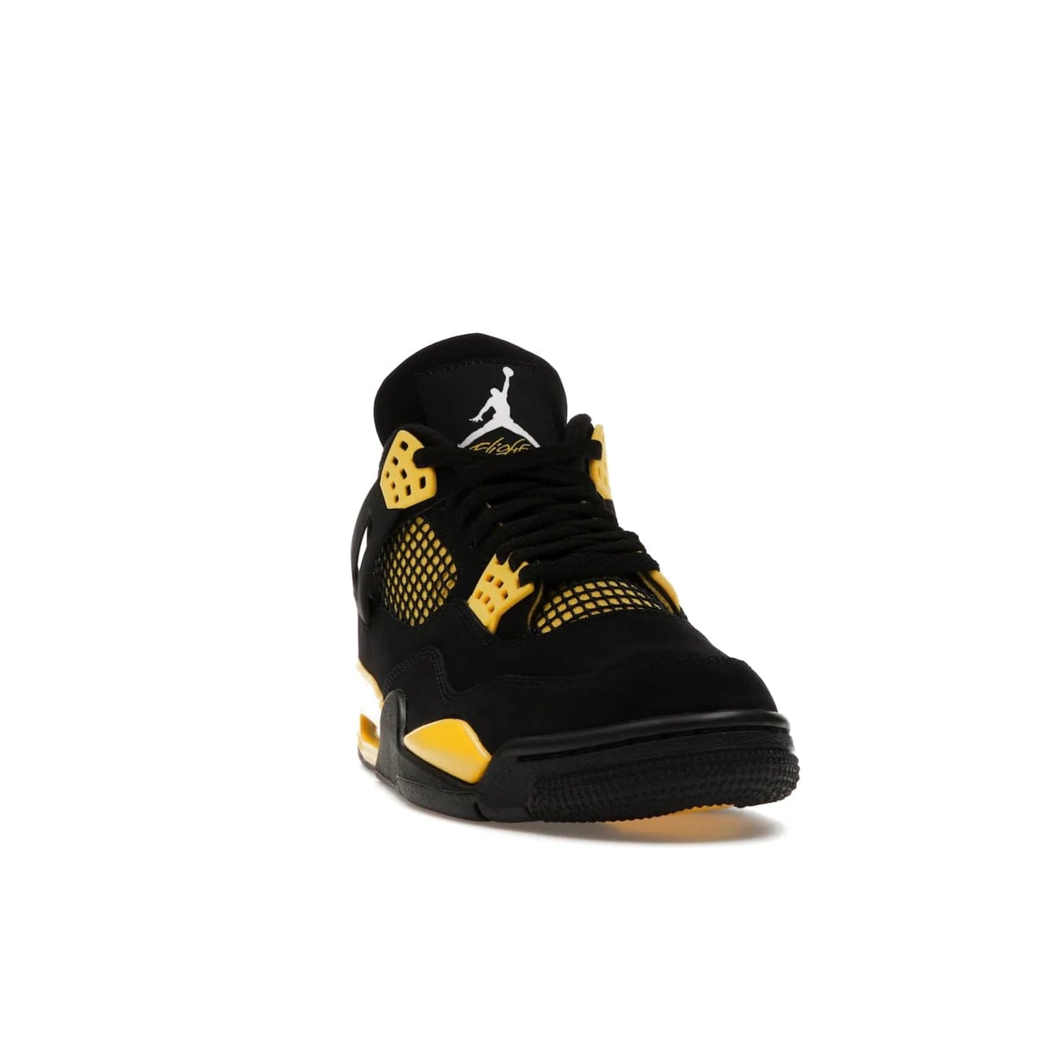 Jordan 4 Retro Thunder (2023) - Image 8 - Only at www.BallersClubKickz.com - Iconic Air Jordan 4 Retro Thunder (2023) returns with black nubuck upper and Tour Yellow details. Featuring Jumpman logo on heel tab, tongue and insoles. Dropping May 13th, 2023.