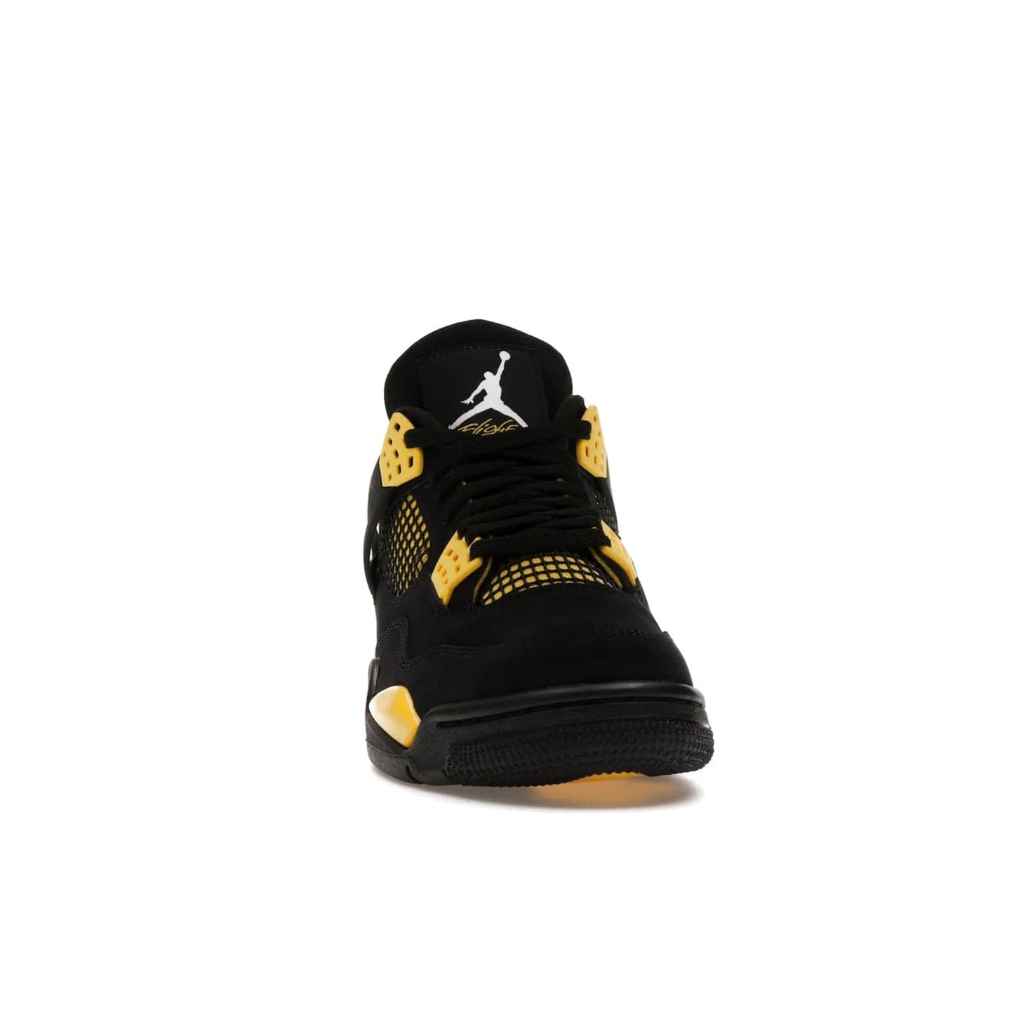 Jordan 4 Retro Thunder (2023) - Image 9 - Only at www.BallersClubKickz.com - Iconic Air Jordan 4 Retro Thunder (2023) returns with black nubuck upper and Tour Yellow details. Featuring Jumpman logo on heel tab, tongue and insoles. Dropping May 13th, 2023.