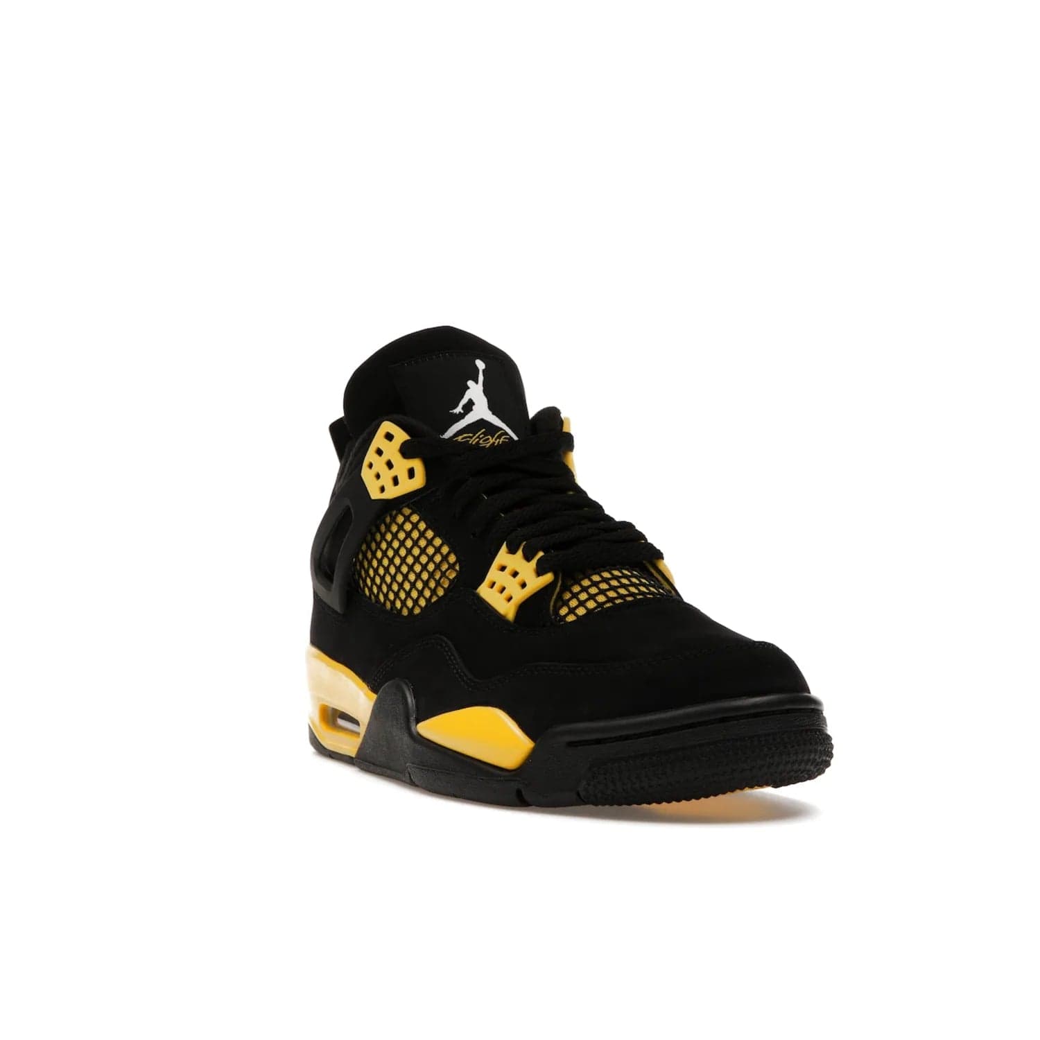 Jordan 4 Retro Thunder (2023) - Image 7 - Only at www.BallersClubKickz.com - Iconic Air Jordan 4 Retro Thunder (2023) returns with black nubuck upper and Tour Yellow details. Featuring Jumpman logo on heel tab, tongue and insoles. Dropping May 13th, 2023.