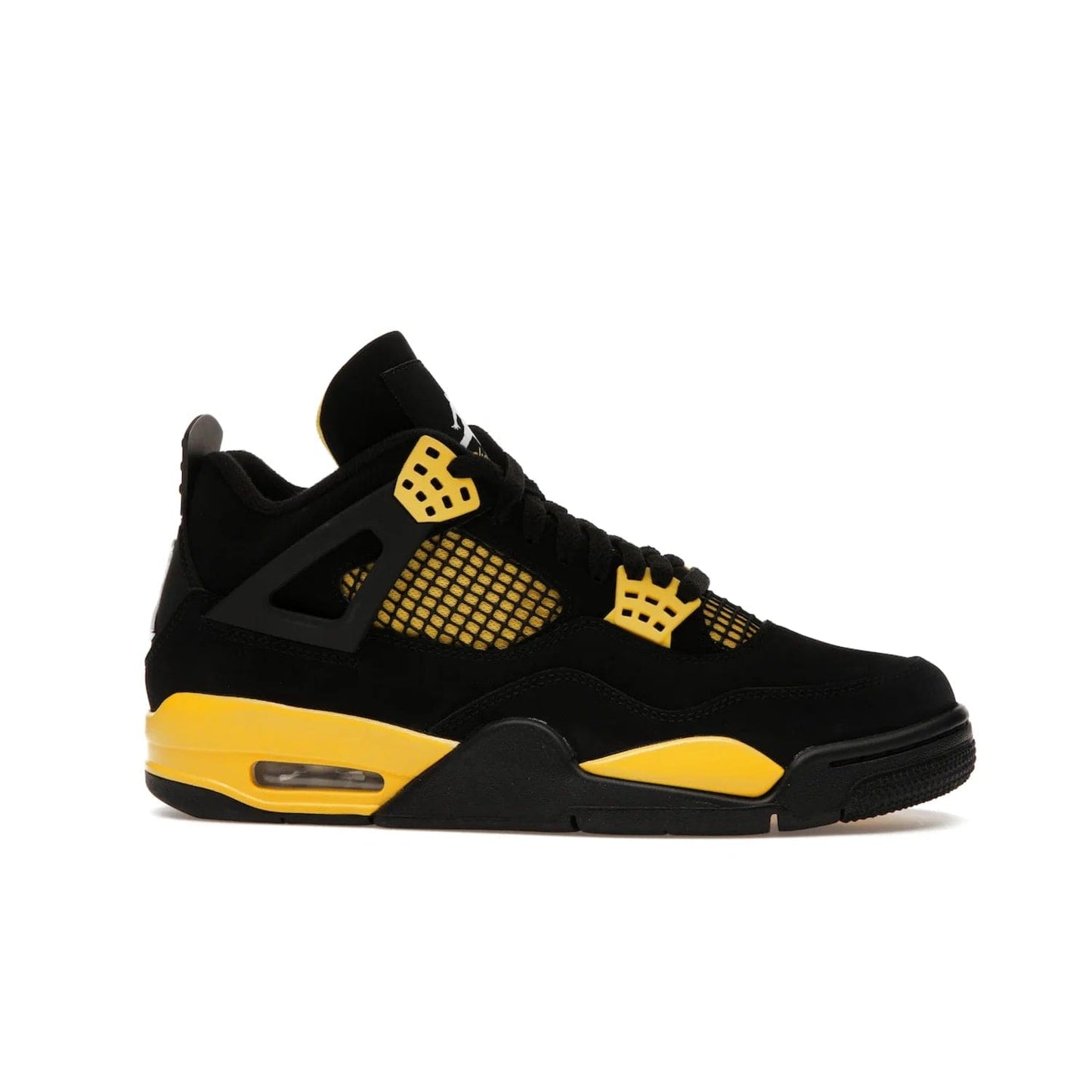 Jordan 4 Retro Thunder (2023) - Image 2 - Only at www.BallersClubKickz.com - Iconic Air Jordan 4 Retro Thunder (2023) returns with black nubuck upper and Tour Yellow details. Featuring Jumpman logo on heel tab, tongue and insoles. Dropping May 13th, 2023.