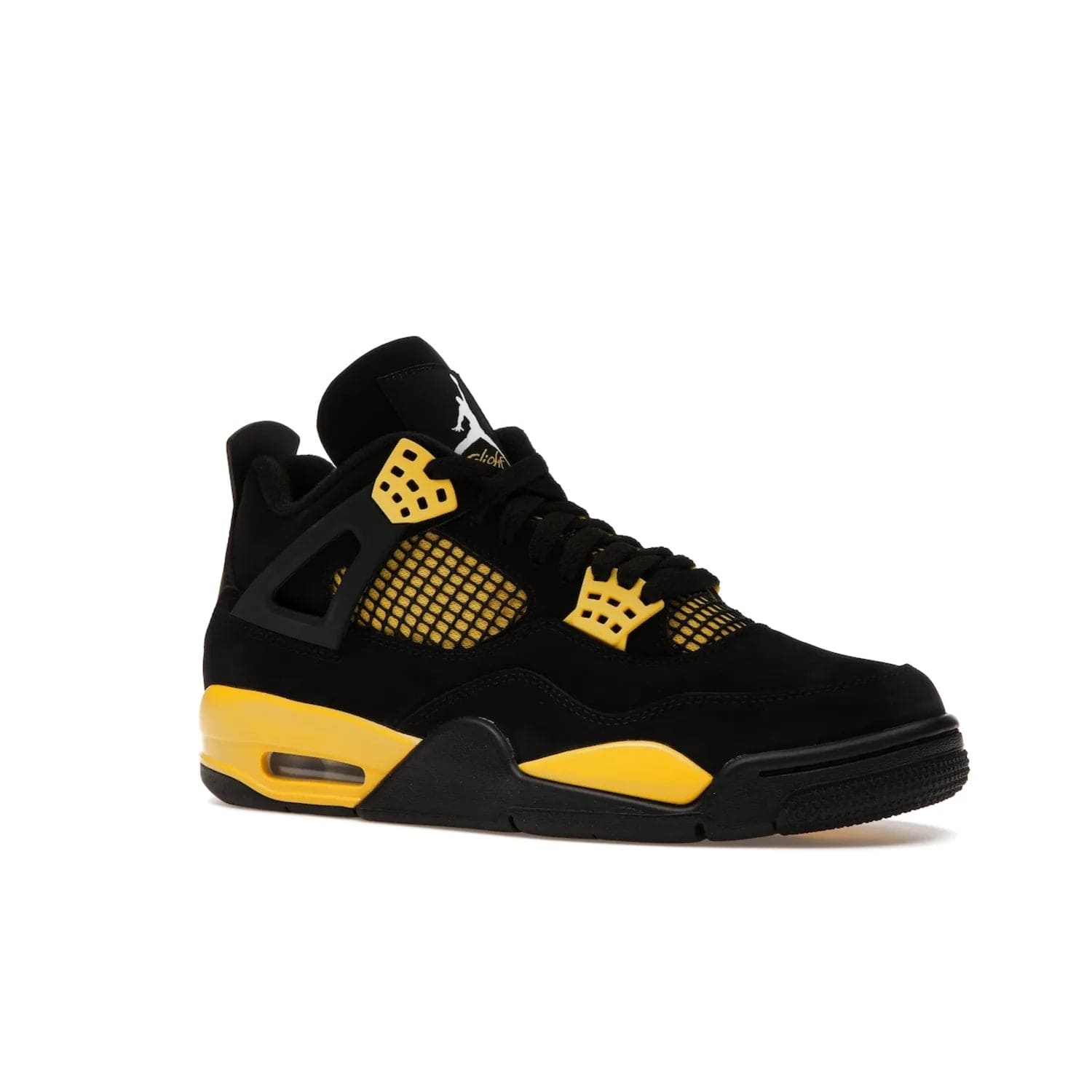 Jordan 4 Retro Thunder (2023) - Image 4 - Only at www.BallersClubKickz.com - Iconic Air Jordan 4 Retro Thunder (2023) returns with black nubuck upper and Tour Yellow details. Featuring Jumpman logo on heel tab, tongue and insoles. Dropping May 13th, 2023.
