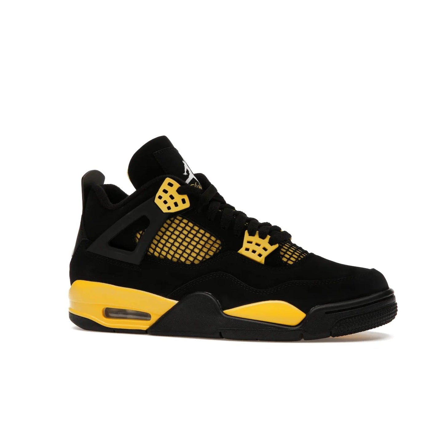 Jordan 4 Retro Thunder (2023) - Image 3 - Only at www.BallersClubKickz.com - Iconic Air Jordan 4 Retro Thunder (2023) returns with black nubuck upper and Tour Yellow details. Featuring Jumpman logo on heel tab, tongue and insoles. Dropping May 13th, 2023.