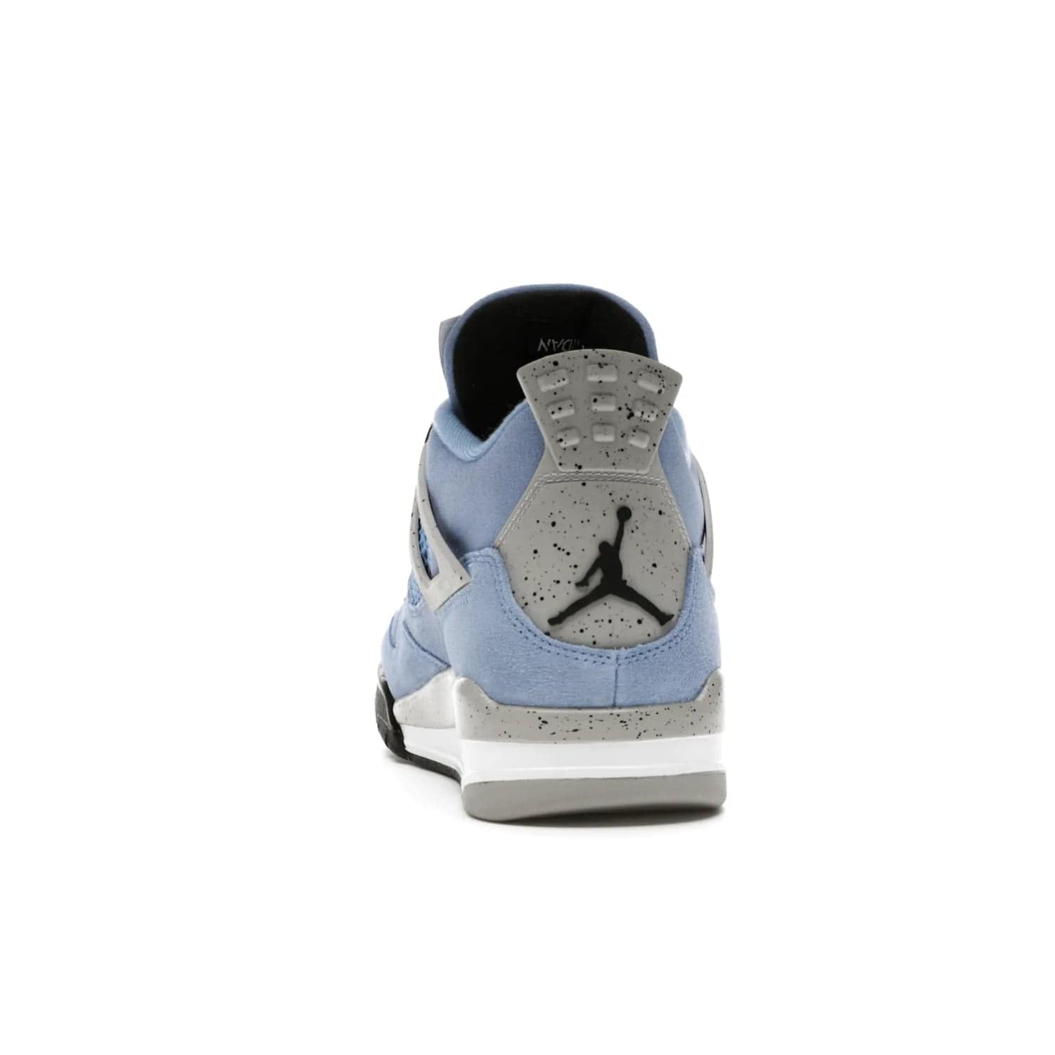 Jordan 4 Retro University Blue - Image 27 - Only at www.BallersClubKickz.com - The Air Jordan 4 University Blue honors MJ's alma mater. Rich University Blue suede, panels of netting, and Cement Grey speckled eyelets give this design an edgy look. Features a black, white and Tech Grey sole with a clear Air unit and two woven labels on the tongue. Jumpman logo & Team Jordan jock tag included. Released April 2021.