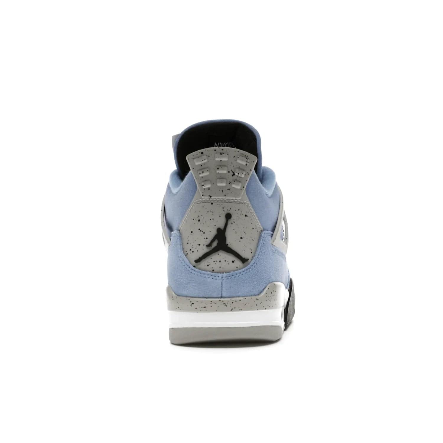 Jordan 4 Retro University Blue - Image 28 - Only at www.BallersClubKickz.com - The Air Jordan 4 University Blue honors MJ's alma mater. Rich University Blue suede, panels of netting, and Cement Grey speckled eyelets give this design an edgy look. Features a black, white and Tech Grey sole with a clear Air unit and two woven labels on the tongue. Jumpman logo & Team Jordan jock tag included. Released April 2021.