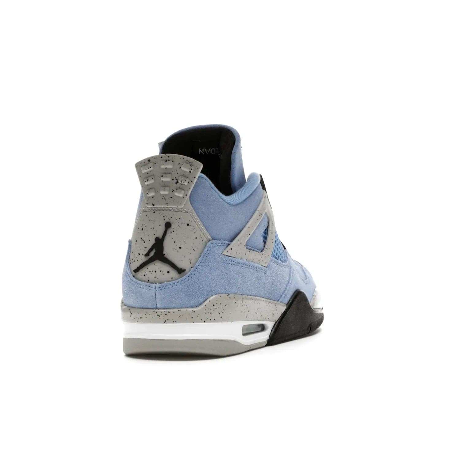 Jordan 4 Retro University Blue - Image 30 - Only at www.BallersClubKickz.com - The Air Jordan 4 University Blue honors MJ's alma mater. Rich University Blue suede, panels of netting, and Cement Grey speckled eyelets give this design an edgy look. Features a black, white and Tech Grey sole with a clear Air unit and two woven labels on the tongue. Jumpman logo & Team Jordan jock tag included. Released April 2021.