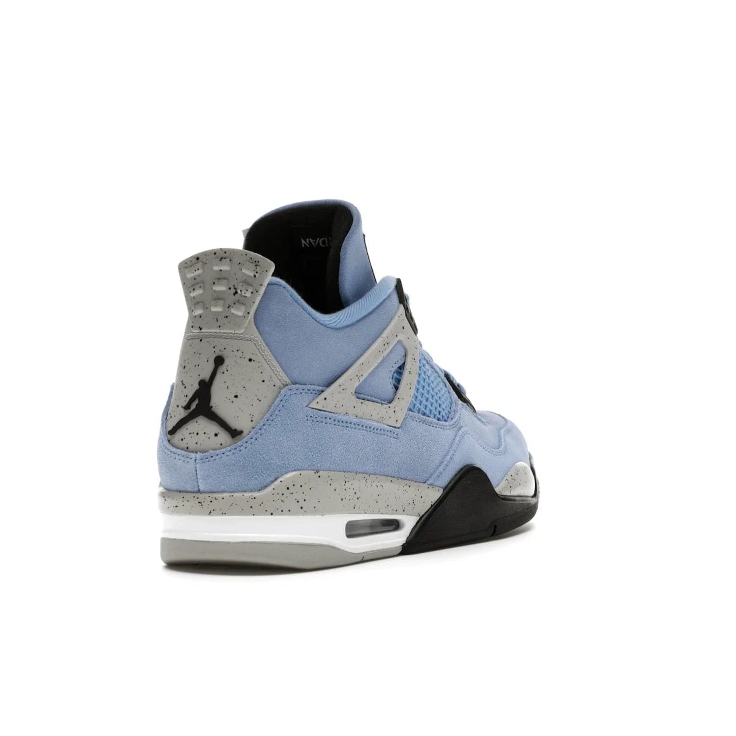 Jordan 4 Retro University Blue - Image 31 - Only at www.BallersClubKickz.com - The Air Jordan 4 University Blue honors MJ's alma mater. Rich University Blue suede, panels of netting, and Cement Grey speckled eyelets give this design an edgy look. Features a black, white and Tech Grey sole with a clear Air unit and two woven labels on the tongue. Jumpman logo & Team Jordan jock tag included. Released April 2021.