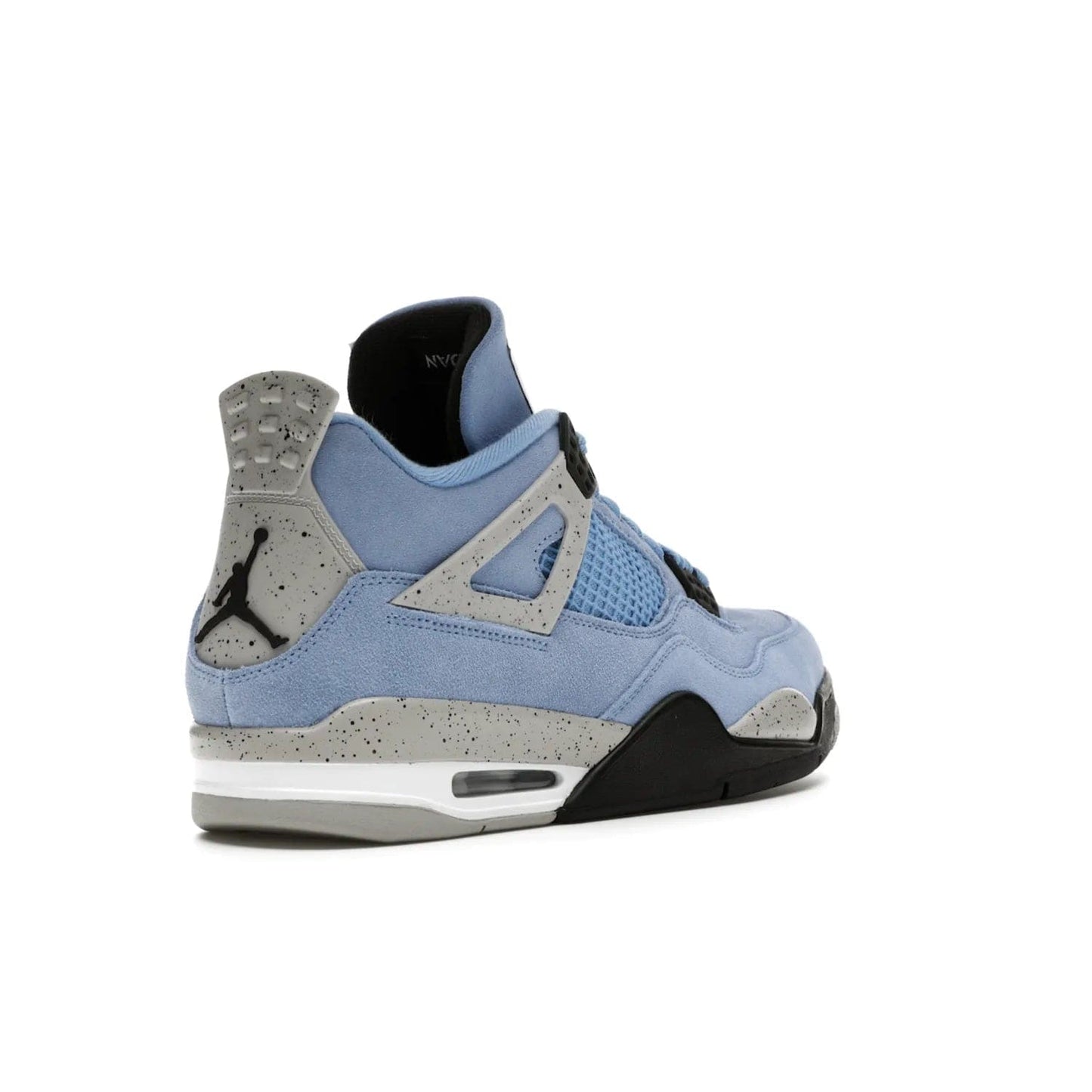 Jordan 4 Retro University Blue - Image 32 - Only at www.BallersClubKickz.com - The Air Jordan 4 University Blue honors MJ's alma mater. Rich University Blue suede, panels of netting, and Cement Grey speckled eyelets give this design an edgy look. Features a black, white and Tech Grey sole with a clear Air unit and two woven labels on the tongue. Jumpman logo & Team Jordan jock tag included. Released April 2021.