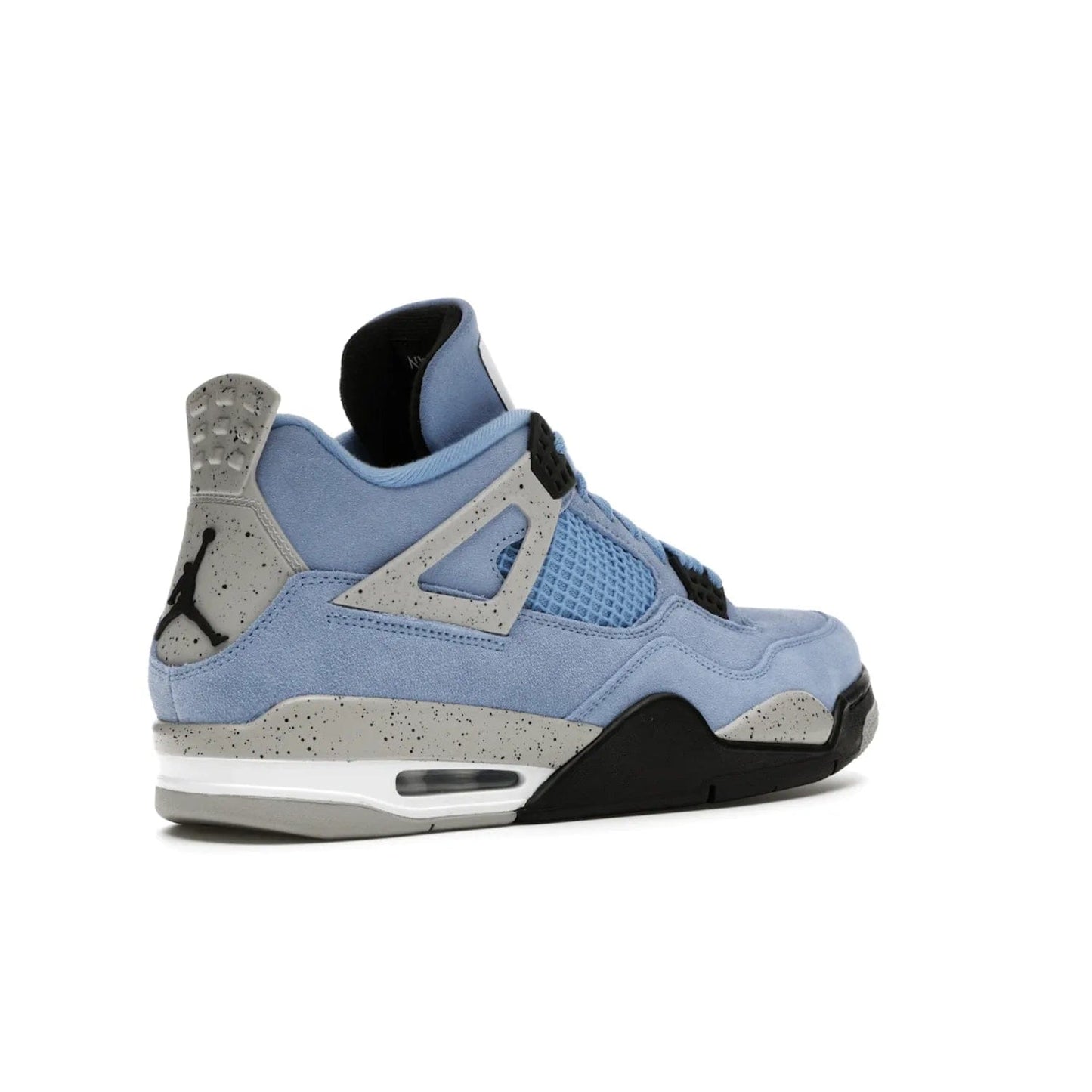 Jordan 4 Retro University Blue - Image 33 - Only at www.BallersClubKickz.com - The Air Jordan 4 University Blue honors MJ's alma mater. Rich University Blue suede, panels of netting, and Cement Grey speckled eyelets give this design an edgy look. Features a black, white and Tech Grey sole with a clear Air unit and two woven labels on the tongue. Jumpman logo & Team Jordan jock tag included. Released April 2021.
