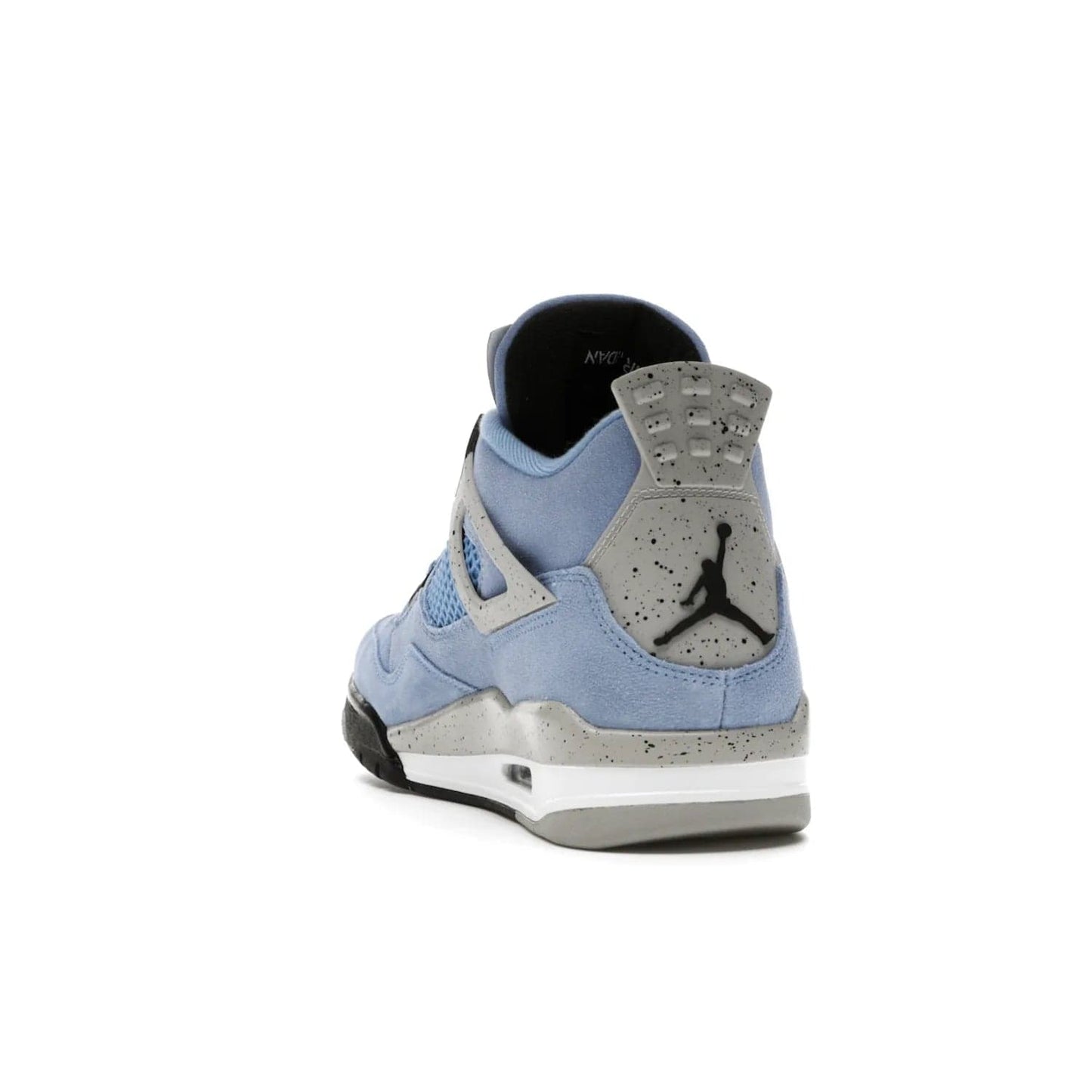 Jordan 4 Retro University Blue - Image 26 - Only at www.BallersClubKickz.com - The Air Jordan 4 University Blue honors MJ's alma mater. Rich University Blue suede, panels of netting, and Cement Grey speckled eyelets give this design an edgy look. Features a black, white and Tech Grey sole with a clear Air unit and two woven labels on the tongue. Jumpman logo & Team Jordan jock tag included. Released April 2021.