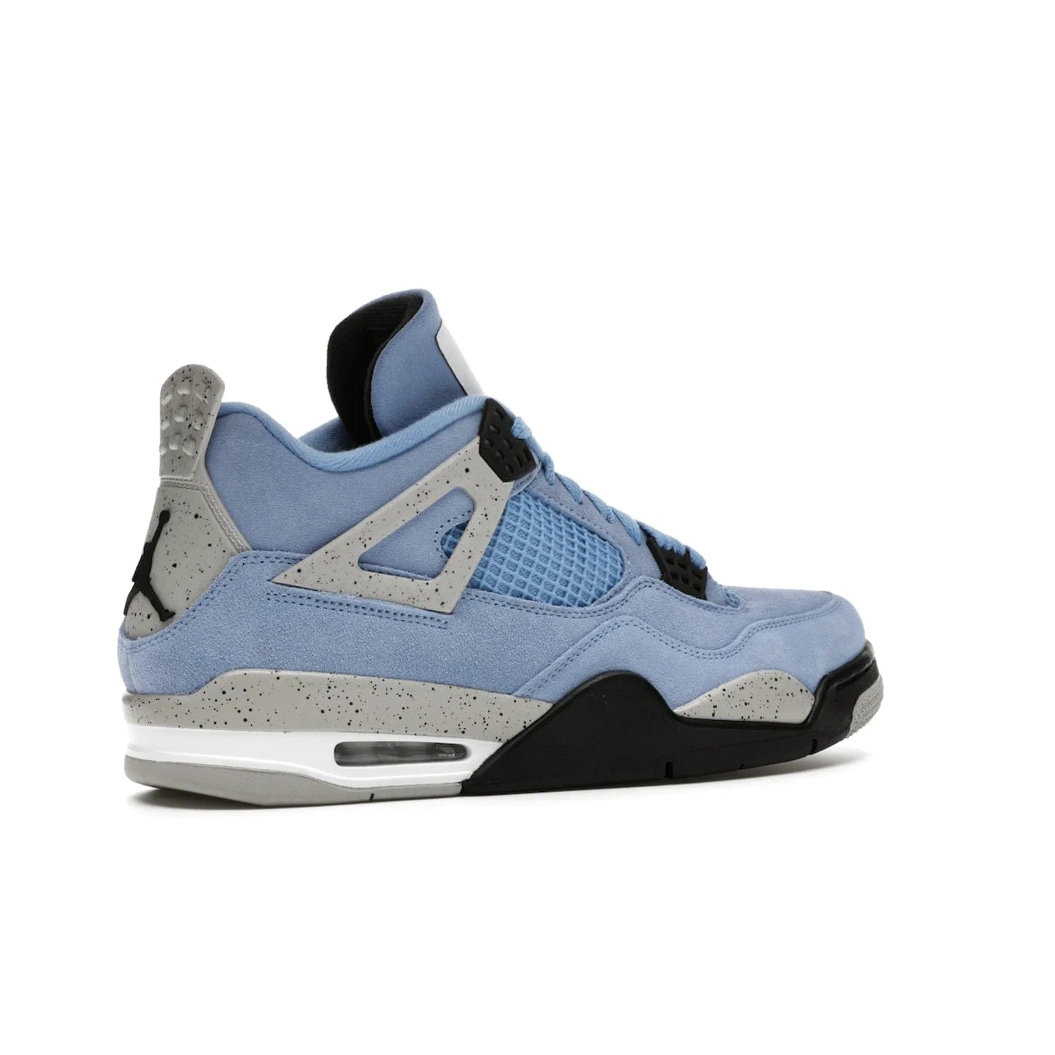 Jordan 4 Retro University Blue - Image 34 - Only at www.BallersClubKickz.com - The Air Jordan 4 University Blue honors MJ's alma mater. Rich University Blue suede, panels of netting, and Cement Grey speckled eyelets give this design an edgy look. Features a black, white and Tech Grey sole with a clear Air unit and two woven labels on the tongue. Jumpman logo & Team Jordan jock tag included. Released April 2021.