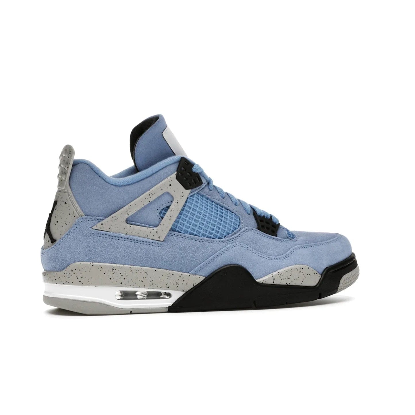 Jordan 4 Retro University Blue - Image 35 - Only at www.BallersClubKickz.com - The Air Jordan 4 University Blue honors MJ's alma mater. Rich University Blue suede, panels of netting, and Cement Grey speckled eyelets give this design an edgy look. Features a black, white and Tech Grey sole with a clear Air unit and two woven labels on the tongue. Jumpman logo & Team Jordan jock tag included. Released April 2021.