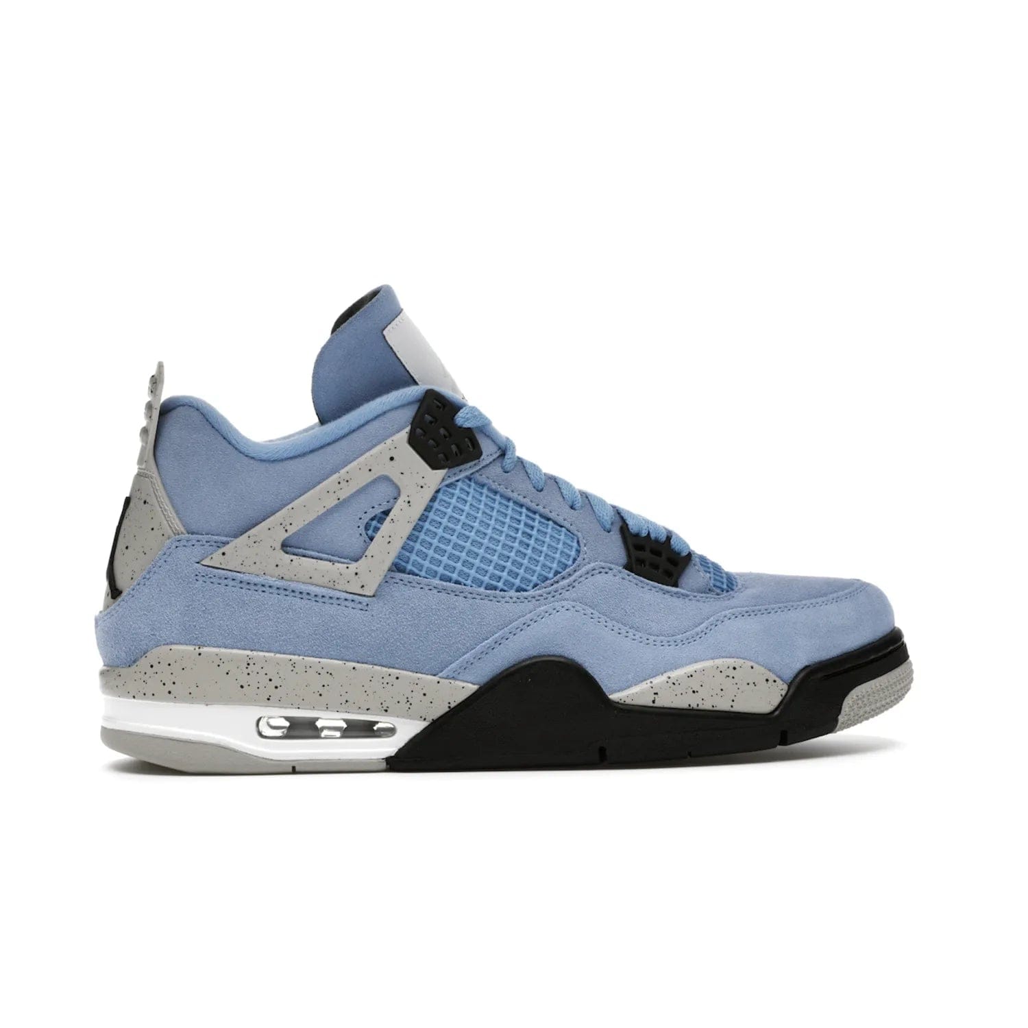 Jordan 4 Retro University Blue - Image 36 - Only at www.BallersClubKickz.com - The Air Jordan 4 University Blue honors MJ's alma mater. Rich University Blue suede, panels of netting, and Cement Grey speckled eyelets give this design an edgy look. Features a black, white and Tech Grey sole with a clear Air unit and two woven labels on the tongue. Jumpman logo & Team Jordan jock tag included. Released April 2021.