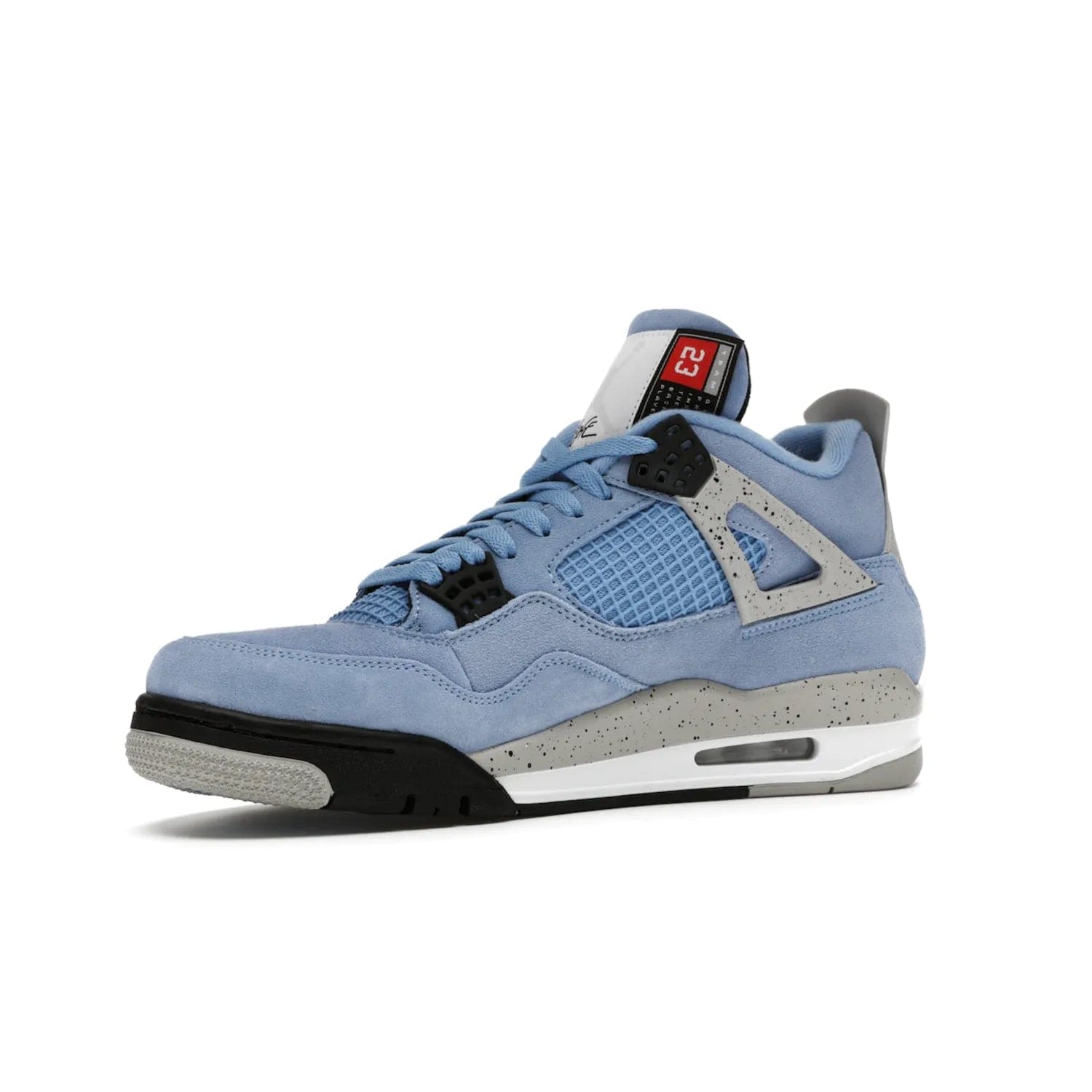 Jordan 4 Retro University Blue - Image 16 - Only at www.BallersClubKickz.com - The Air Jordan 4 University Blue honors MJ's alma mater. Rich University Blue suede, panels of netting, and Cement Grey speckled eyelets give this design an edgy look. Features a black, white and Tech Grey sole with a clear Air unit and two woven labels on the tongue. Jumpman logo & Team Jordan jock tag included. Released April 2021.