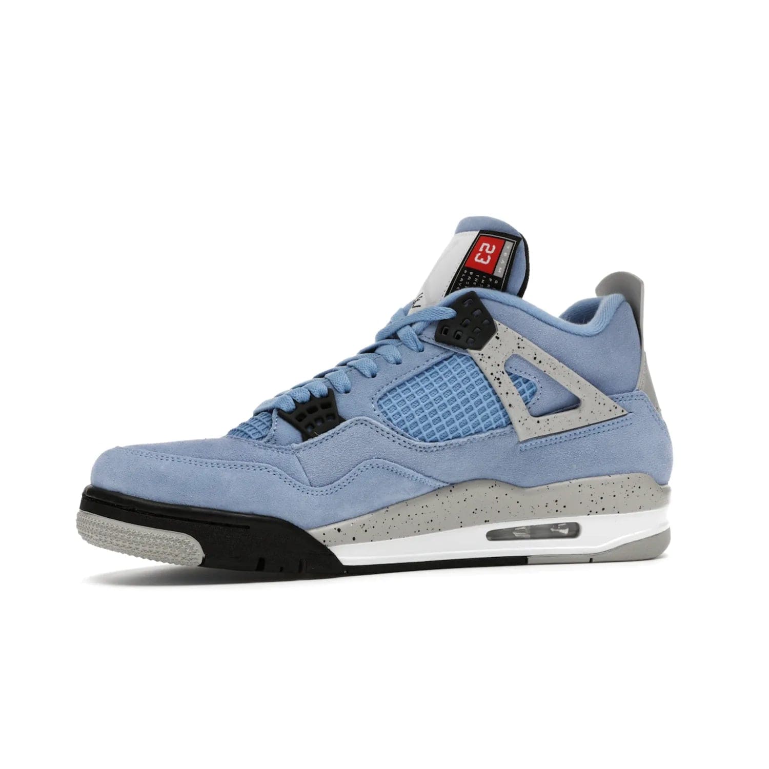 Jordan 4 Retro University Blue - Image 17 - Only at www.BallersClubKickz.com - The Air Jordan 4 University Blue honors MJ's alma mater. Rich University Blue suede, panels of netting, and Cement Grey speckled eyelets give this design an edgy look. Features a black, white and Tech Grey sole with a clear Air unit and two woven labels on the tongue. Jumpman logo & Team Jordan jock tag included. Released April 2021.