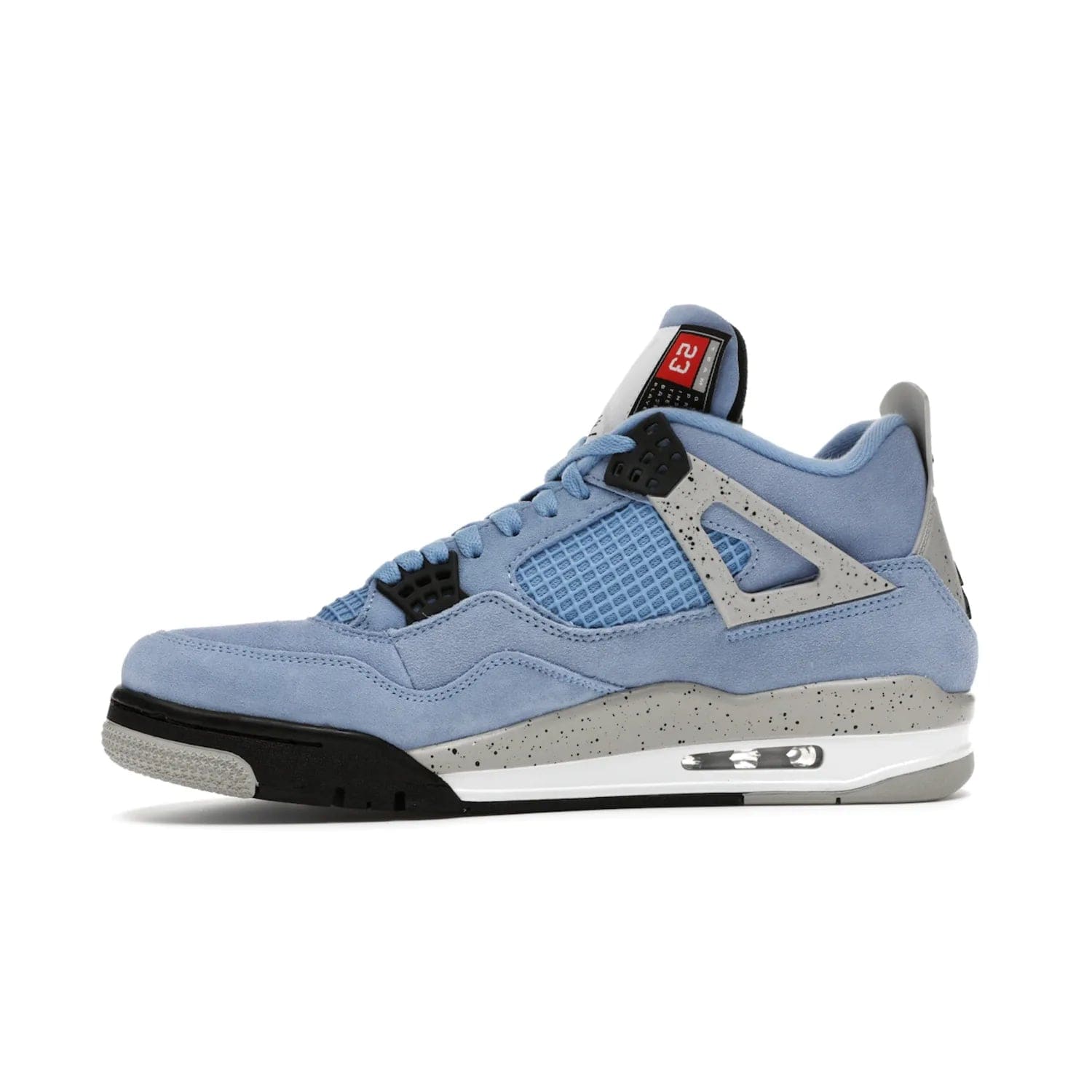 Jordan 4 Retro University Blue - Image 18 - Only at www.BallersClubKickz.com - The Air Jordan 4 University Blue honors MJ's alma mater. Rich University Blue suede, panels of netting, and Cement Grey speckled eyelets give this design an edgy look. Features a black, white and Tech Grey sole with a clear Air unit and two woven labels on the tongue. Jumpman logo & Team Jordan jock tag included. Released April 2021.